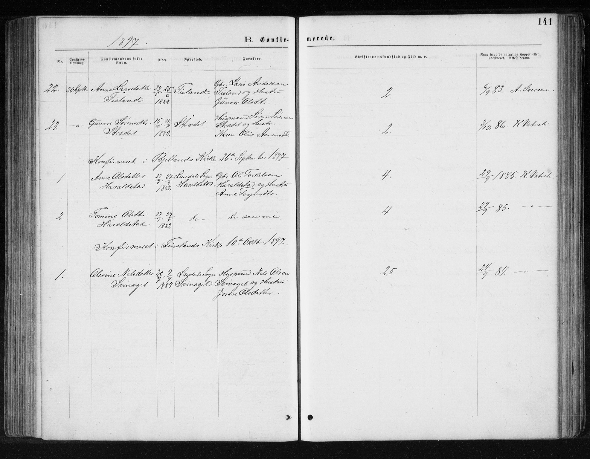 Holum sokneprestkontor, AV/SAK-1111-0022/F/Fb/Fbb/L0003: Parish register (copy) no. B 3, 1875-1898, p. 141