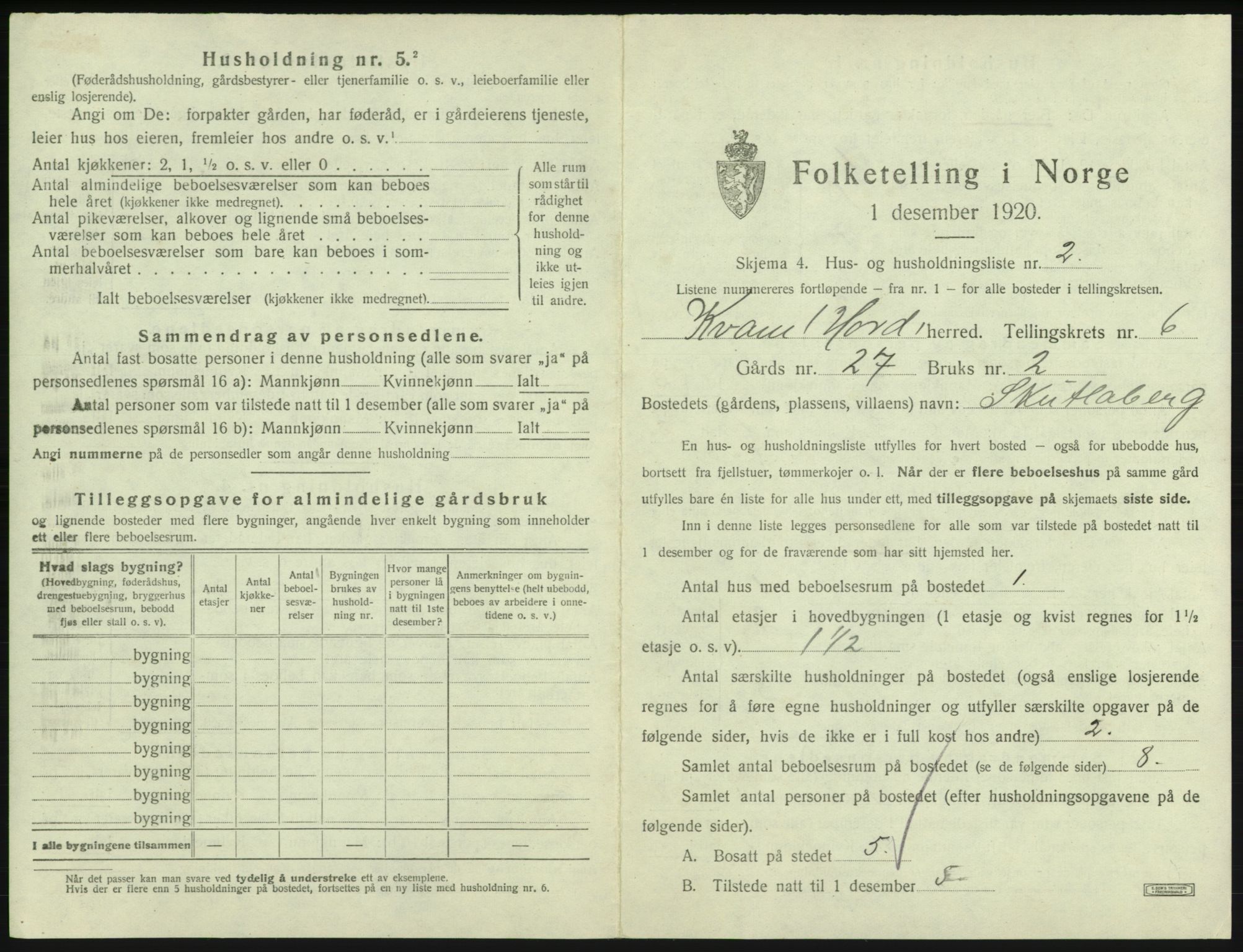 SAB, 1920 census for Kvam, 1920, p. 495