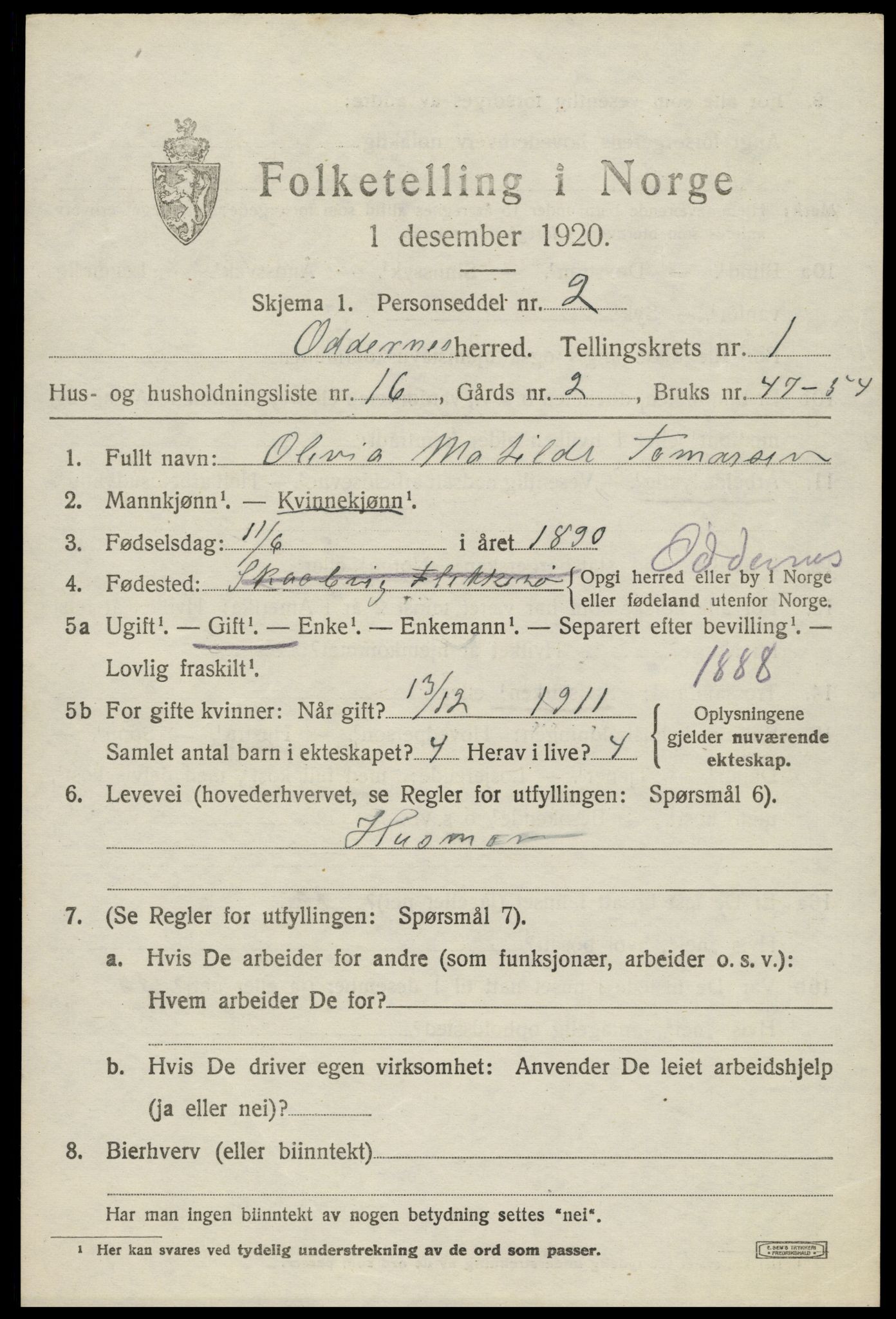 SAK, 1920 census for Oddernes, 1920, p. 2199