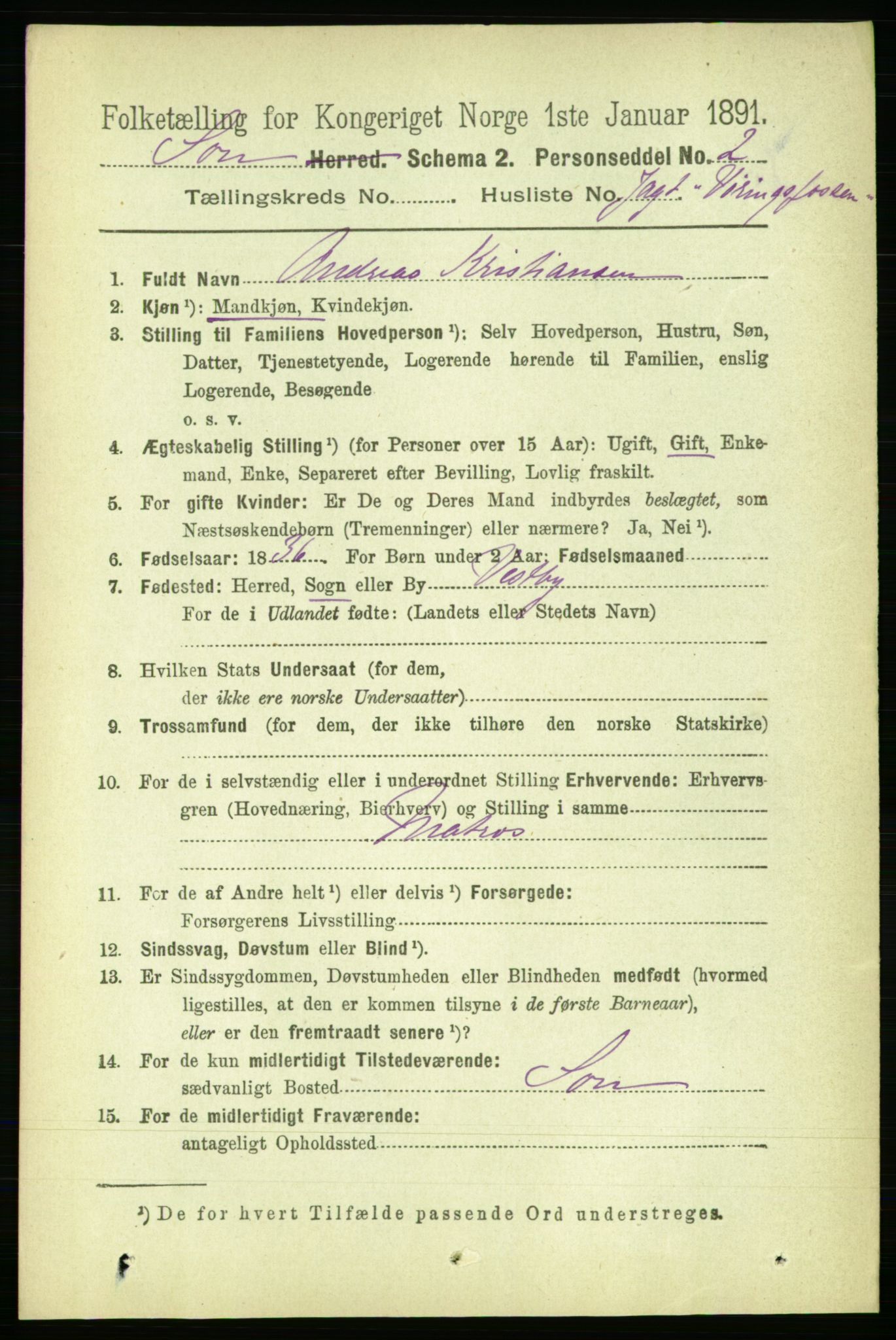 RA, 1891 census for 0201 Son, 1891, p. 831