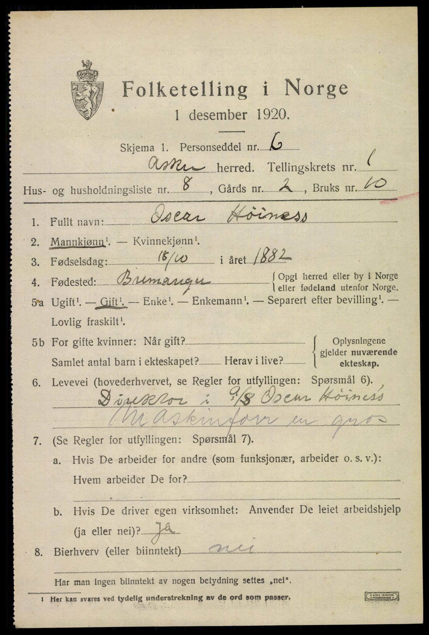 SAO, 1920 census for Asker, 1920, p. 2464