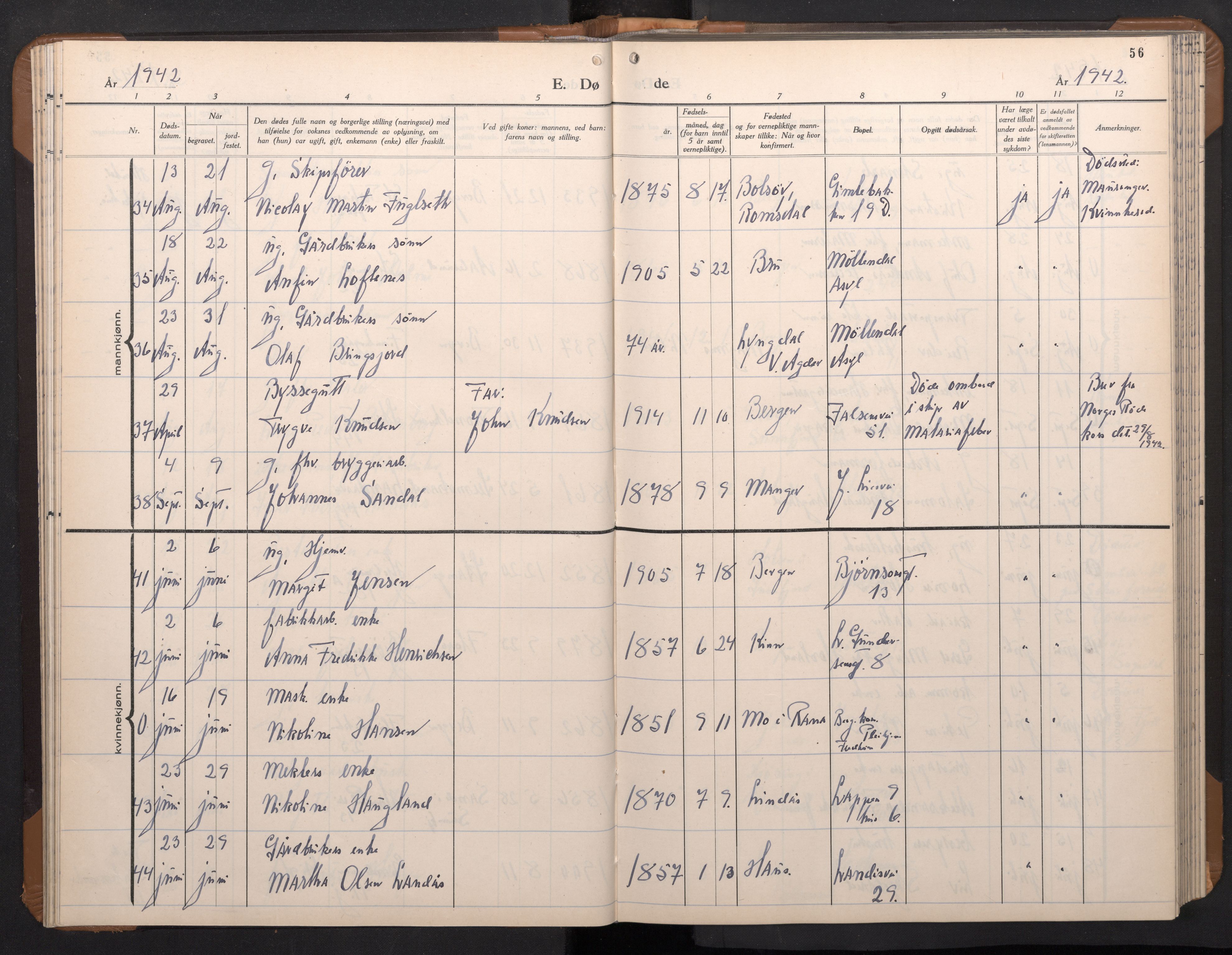 Årstad Sokneprestembete, AV/SAB-A-79301/H/Hab/L0026: Parish register (copy) no. D 3, 1940-1950, p. 55b-56a