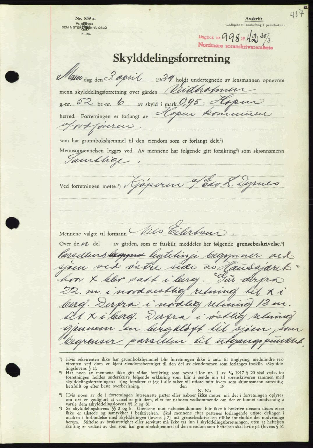 Nordmøre sorenskriveri, AV/SAT-A-4132/1/2/2Ca: Mortgage book no. A92, 1942-1942, Diary no: : 998/1942