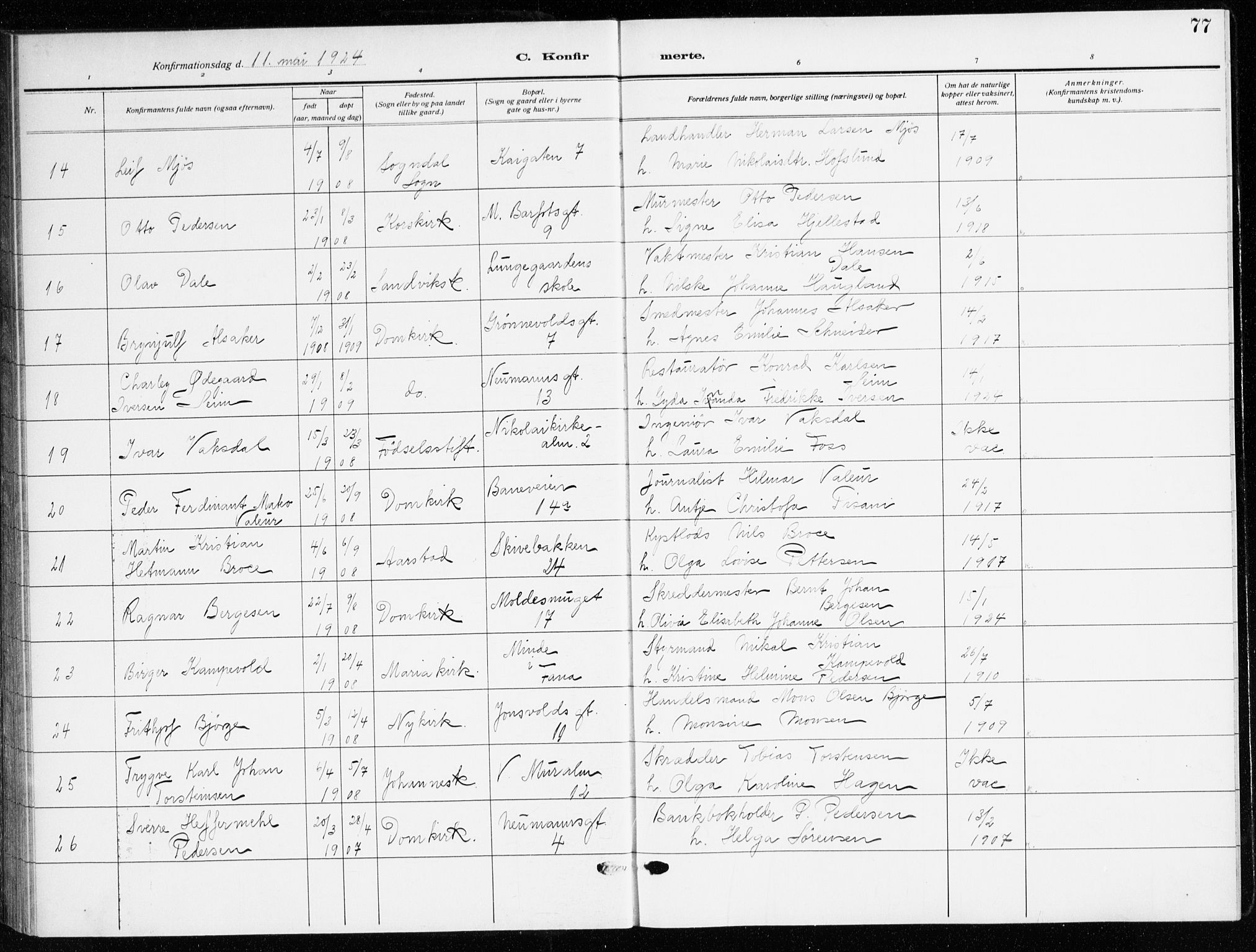 Domkirken sokneprestembete, AV/SAB-A-74801/H/Haa/L0032: Parish register (official) no. C 7, 1915-1930, p. 77