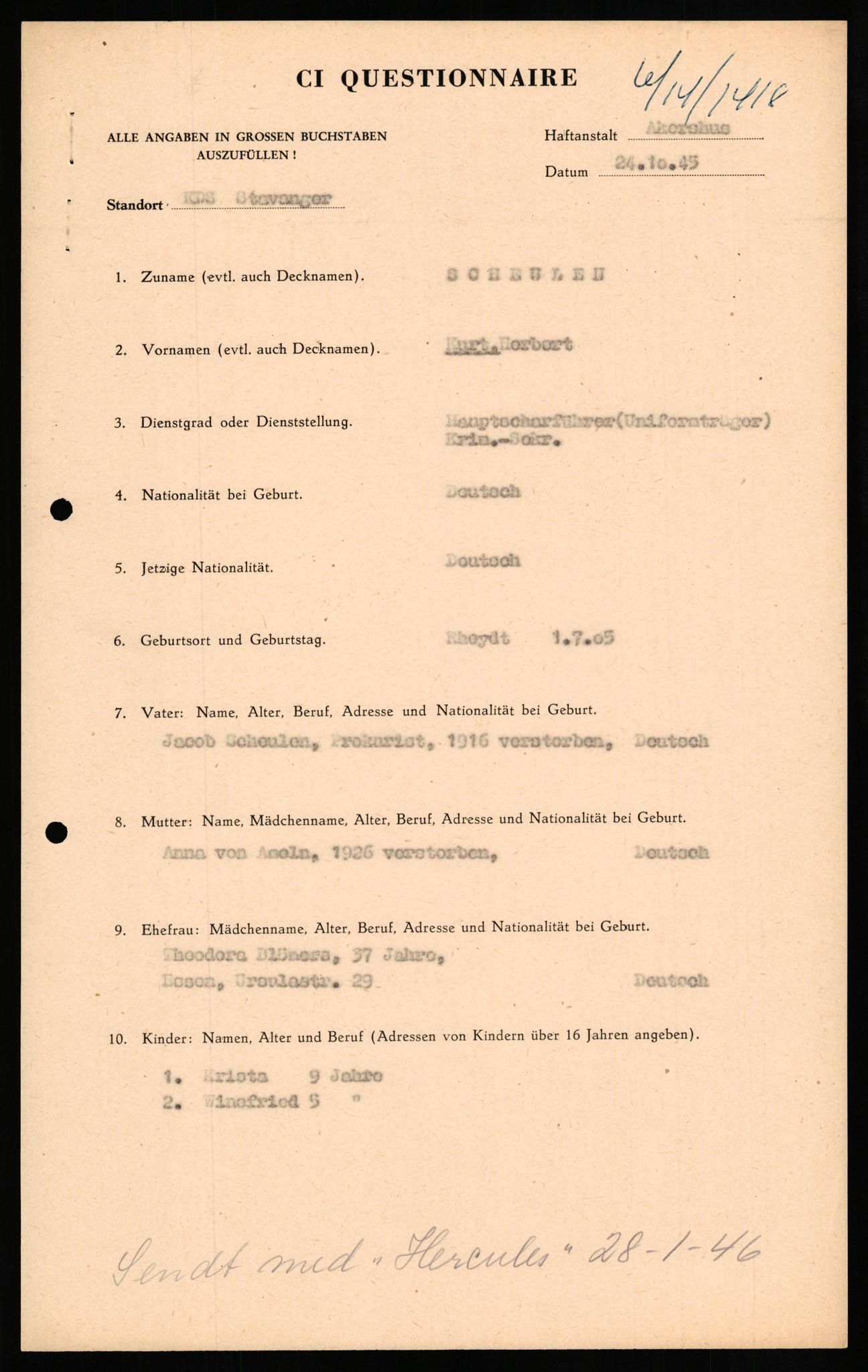 Forsvaret, Forsvarets overkommando II, RA/RAFA-3915/D/Db/L0029: CI Questionaires. Tyske okkupasjonsstyrker i Norge. Tyskere., 1945-1946, p. 164