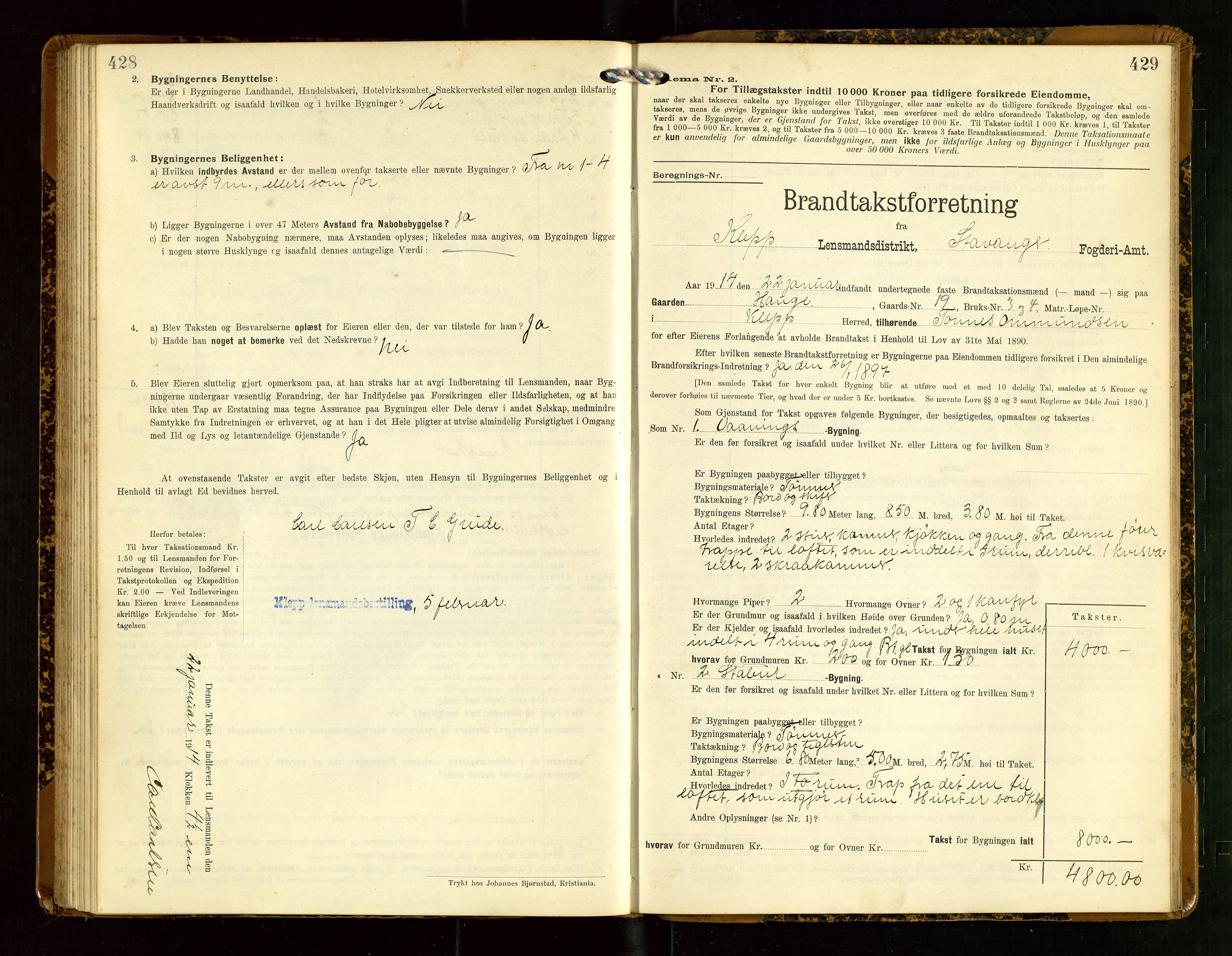 Klepp lensmannskontor, AV/SAST-A-100163/Goc/L0007: "Brandtaxationsprotokol" m/register, 1911-1915, p. 428-429