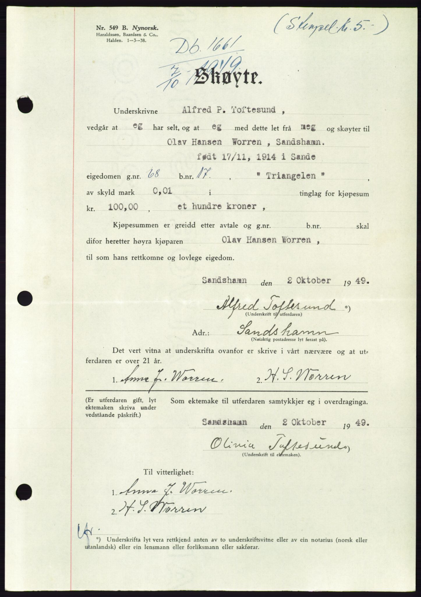 Søre Sunnmøre sorenskriveri, AV/SAT-A-4122/1/2/2C/L0085: Mortgage book no. 11A, 1949-1949, Diary no: : 1661/1949