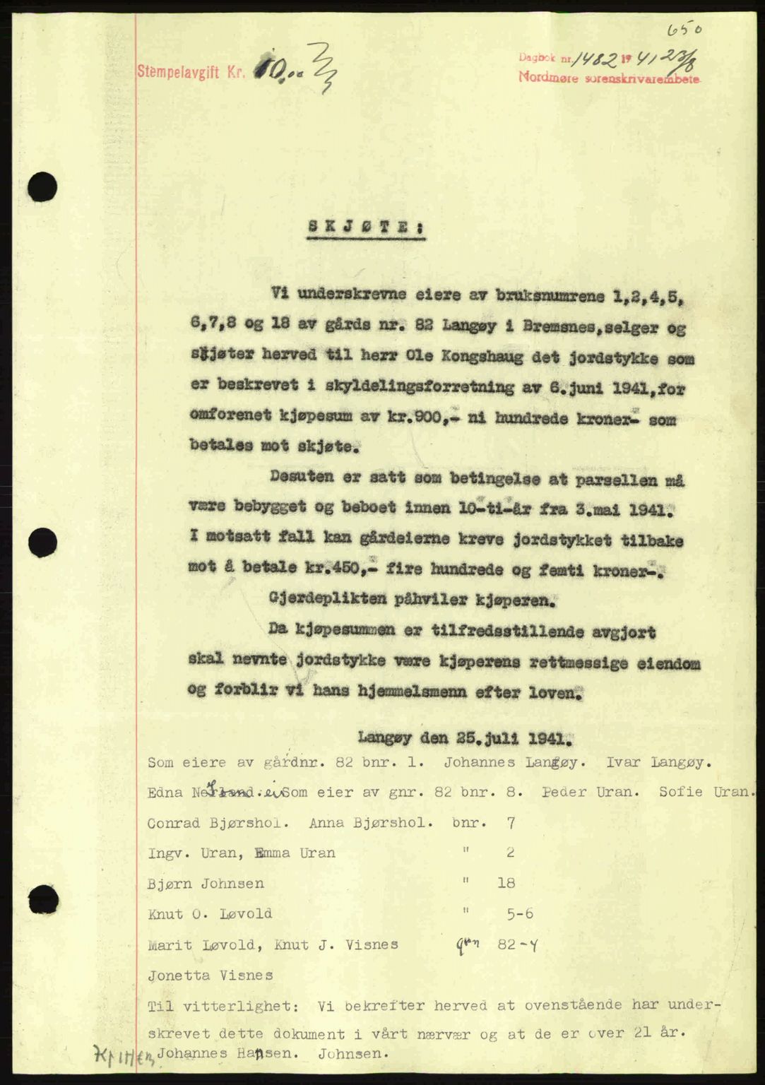Nordmøre sorenskriveri, SAT/A-4132/1/2/2Ca: Mortgage book no. A90, 1941-1941, Diary no: : 1482/1941