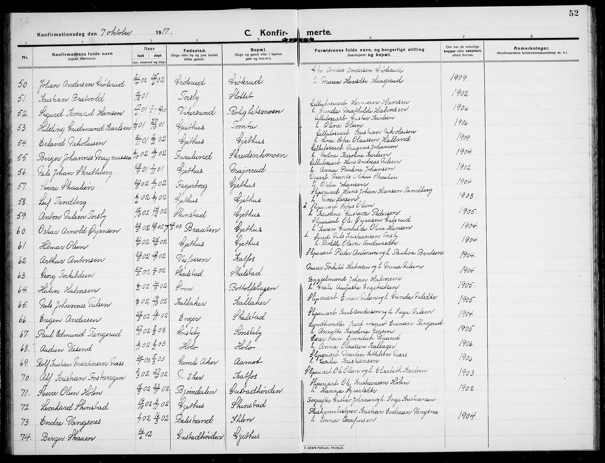 Modum kirkebøker, AV/SAKO-A-234/G/Ga/L0010: Parish register (copy) no. I 10, 1909-1923, p. 52
