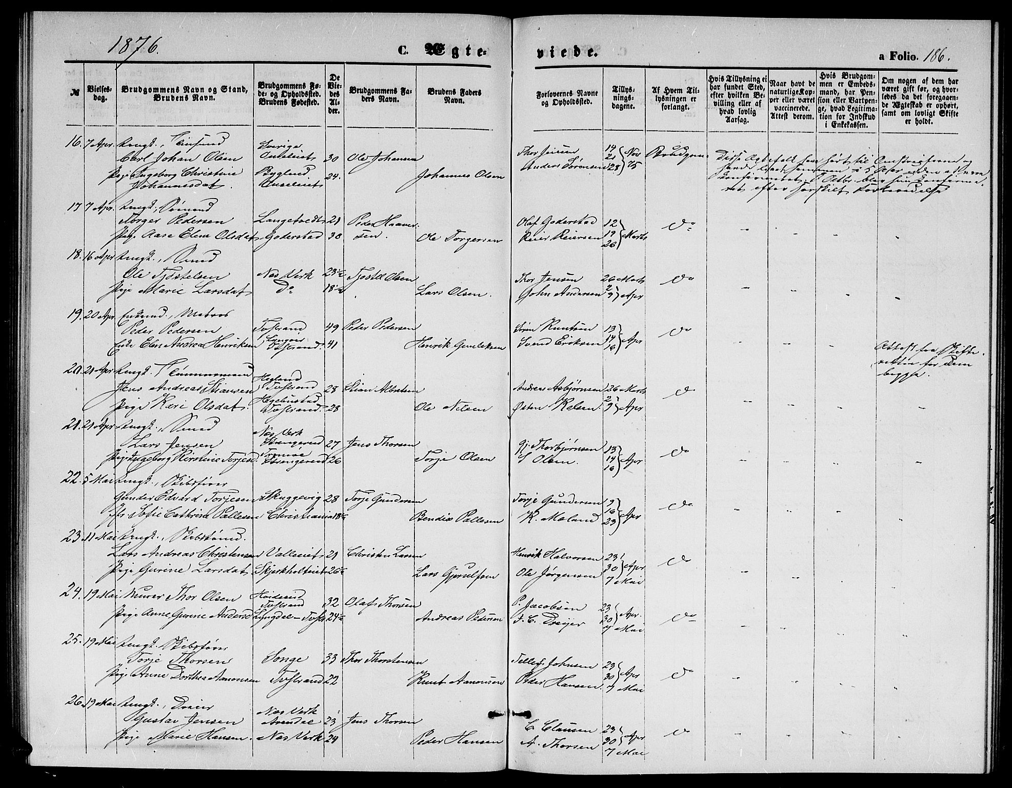 Holt sokneprestkontor, AV/SAK-1111-0021/F/Fb/L0009: Parish register (copy) no. B 9, 1871-1883, p. 186