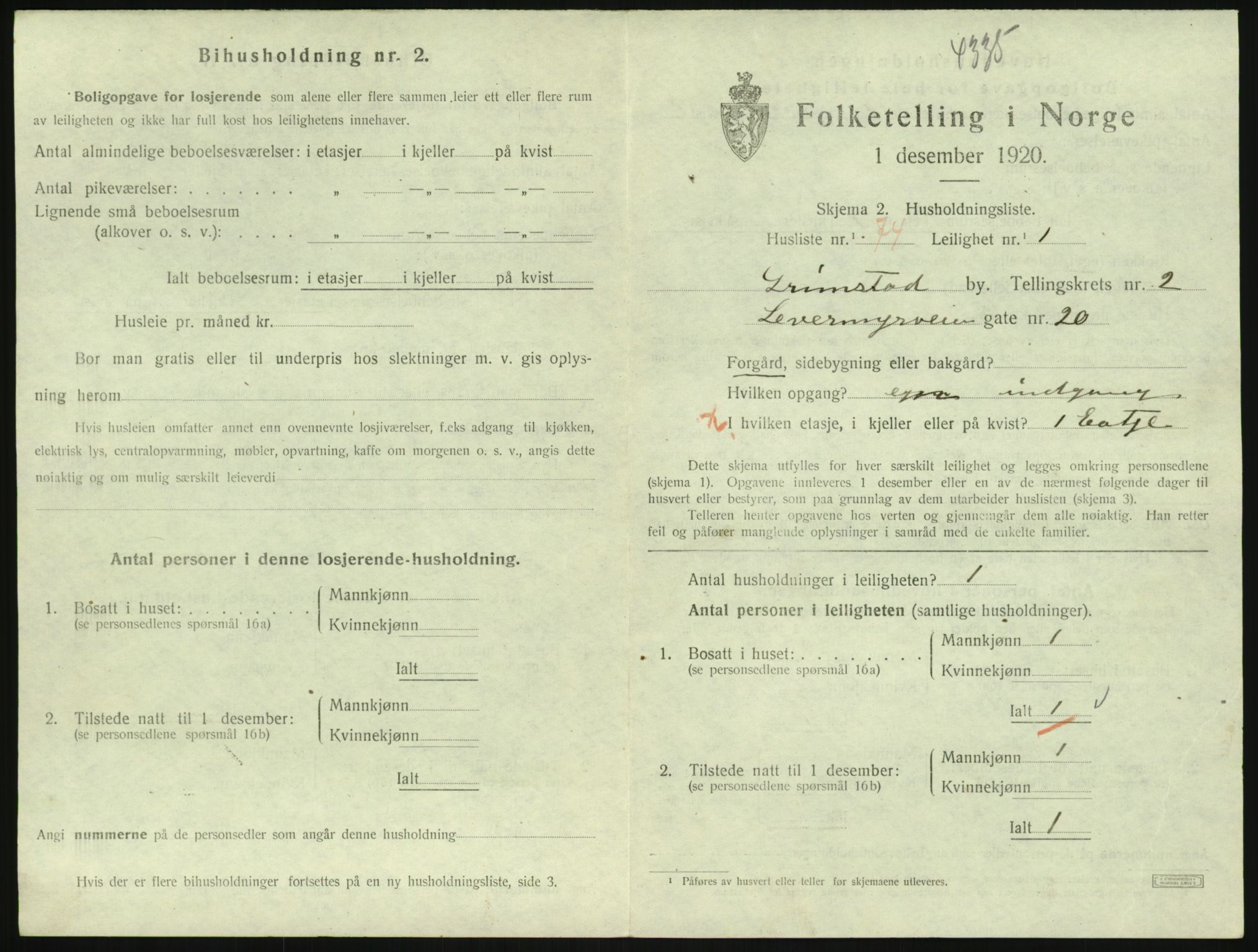 SAK, 1920 census for Grimstad, 1920, p. 1487