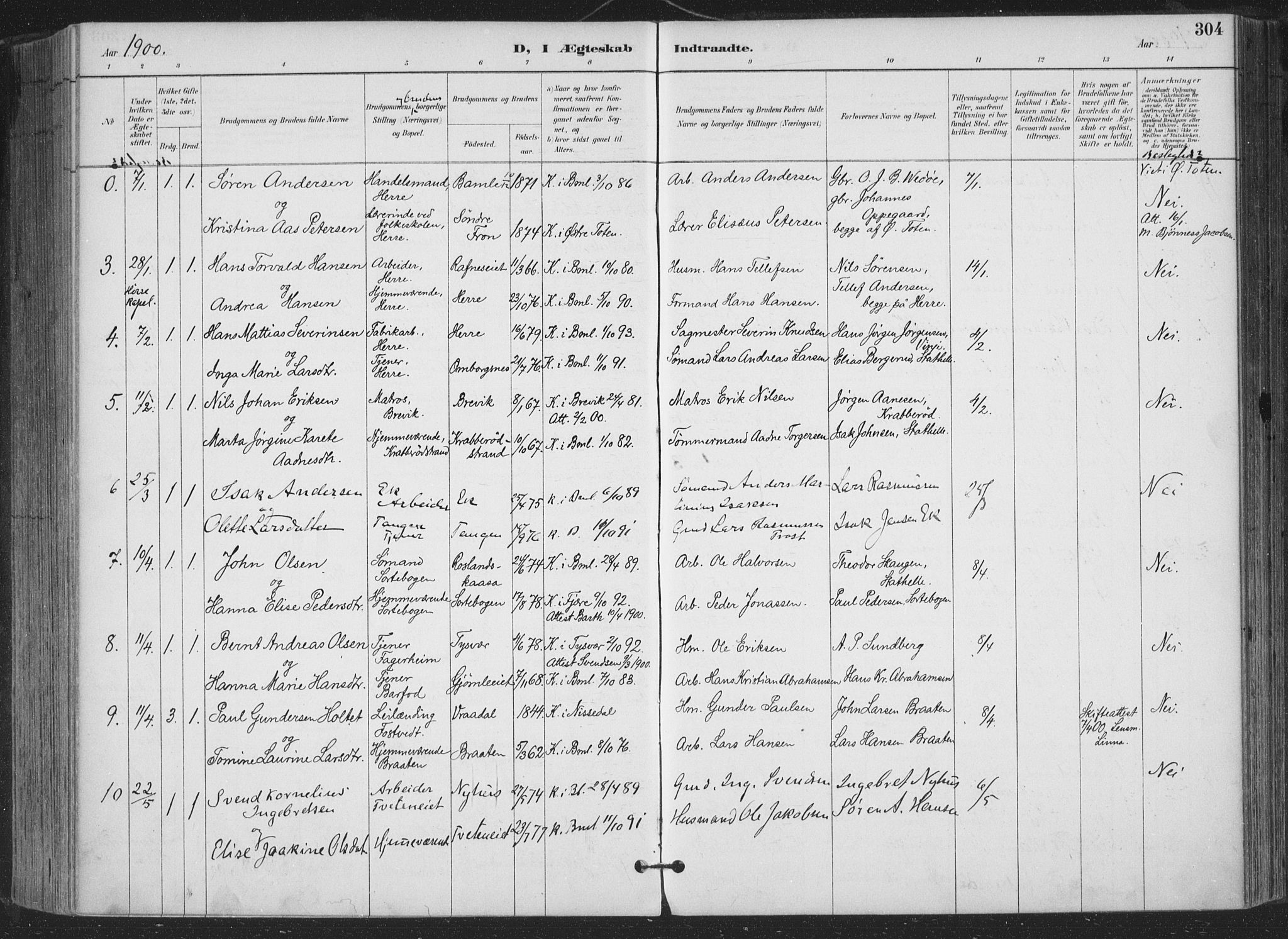 Bamble kirkebøker, SAKO/A-253/F/Fa/L0008: Parish register (official) no. I 8, 1888-1900, p. 304