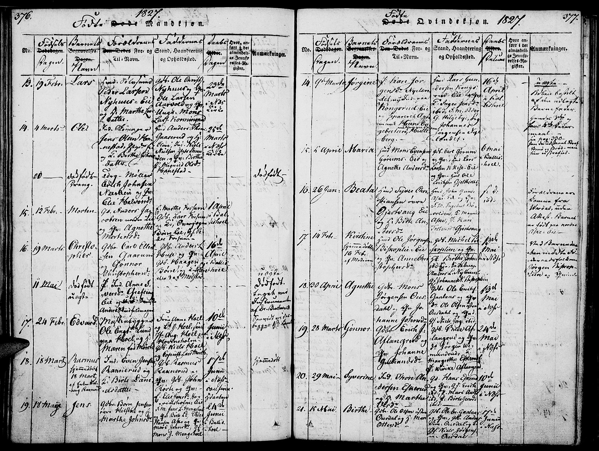 Nes prestekontor, Hedmark, AV/SAH-PREST-020/K/Ka/L0002: Parish register (official) no. 2, 1813-1827, p. 376-377