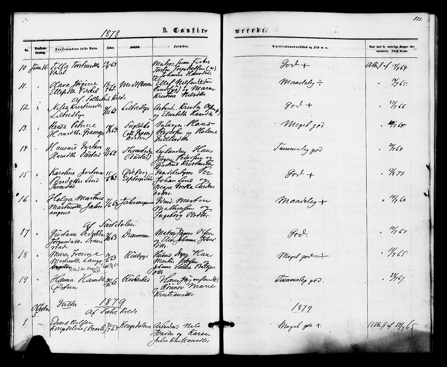 Hurum kirkebøker, SAKO/A-229/F/Fa/L0013: Parish register (official) no. 13, 1876-1881, p. 123