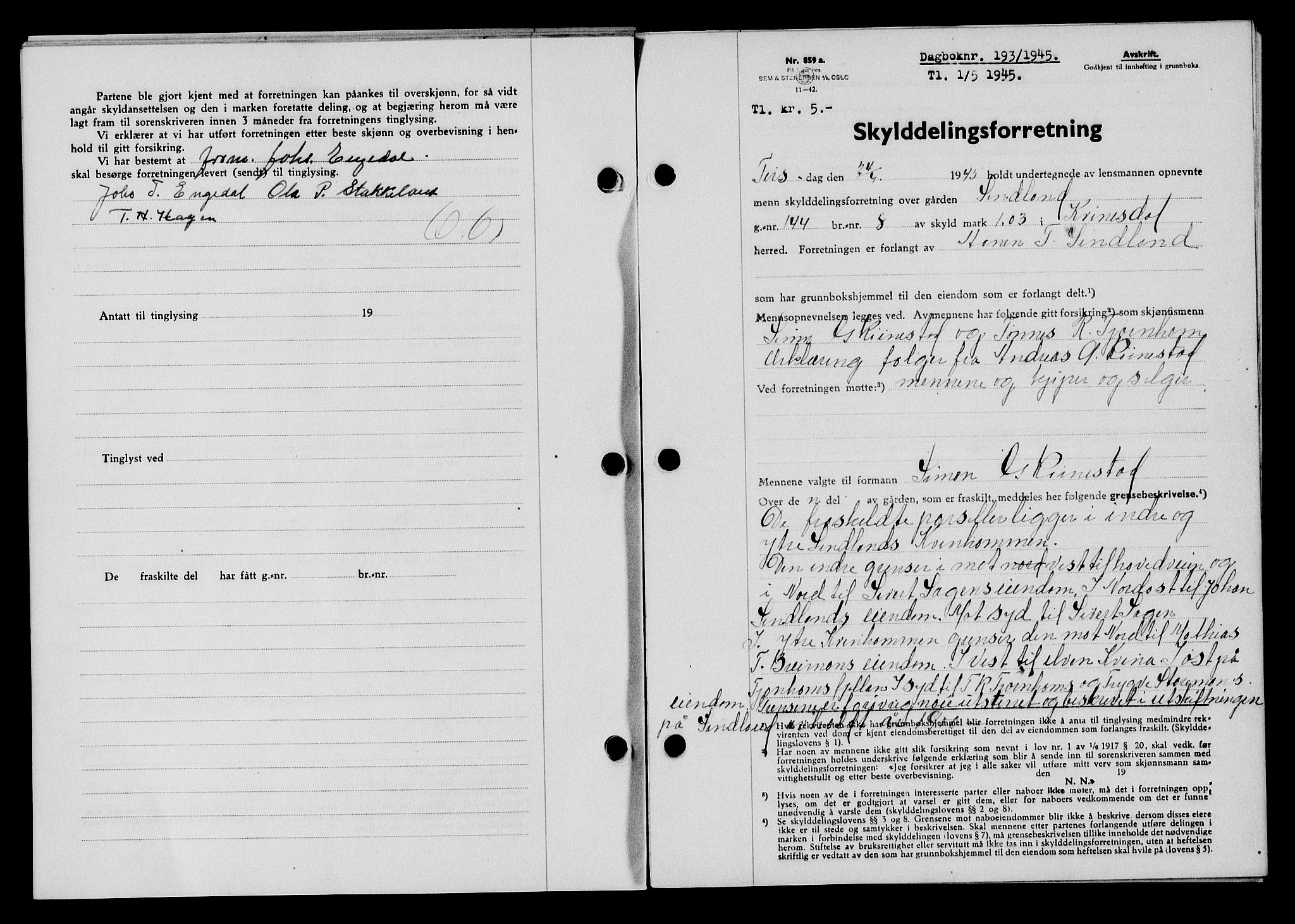 Flekkefjord sorenskriveri, SAK/1221-0001/G/Gb/Gba/L0059: Mortgage book no. A-7, 1944-1945, Diary no: : 193/1945