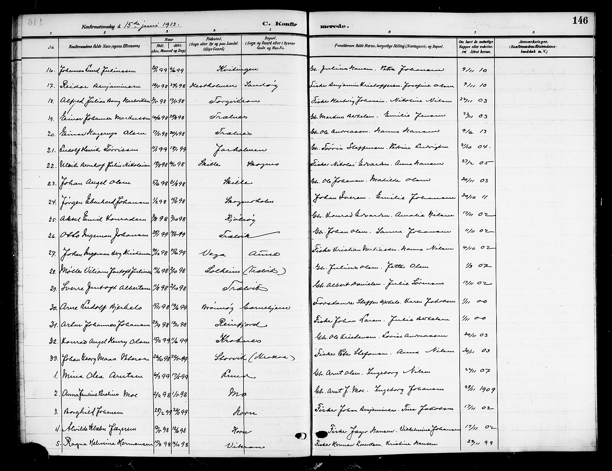 Ministerialprotokoller, klokkerbøker og fødselsregistre - Nordland, SAT/A-1459/813/L0214: Parish register (copy) no. 813C06, 1904-1917, p. 146