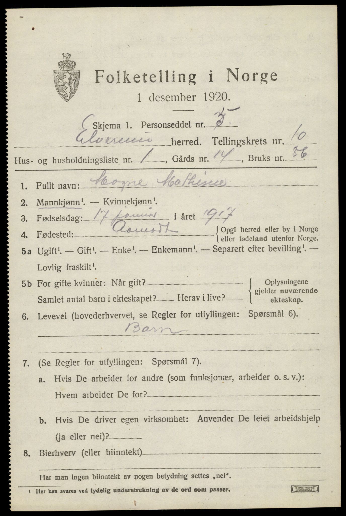 SAH, 1920 census for Elverum, 1920, p. 15842