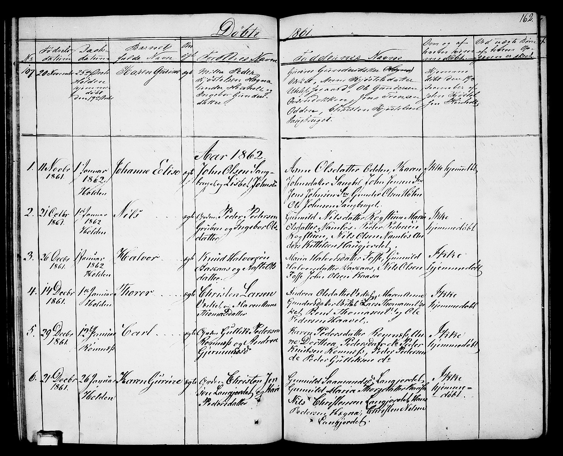 Holla kirkebøker, SAKO/A-272/G/Ga/L0003: Parish register (copy) no. I 3, 1849-1866, p. 162