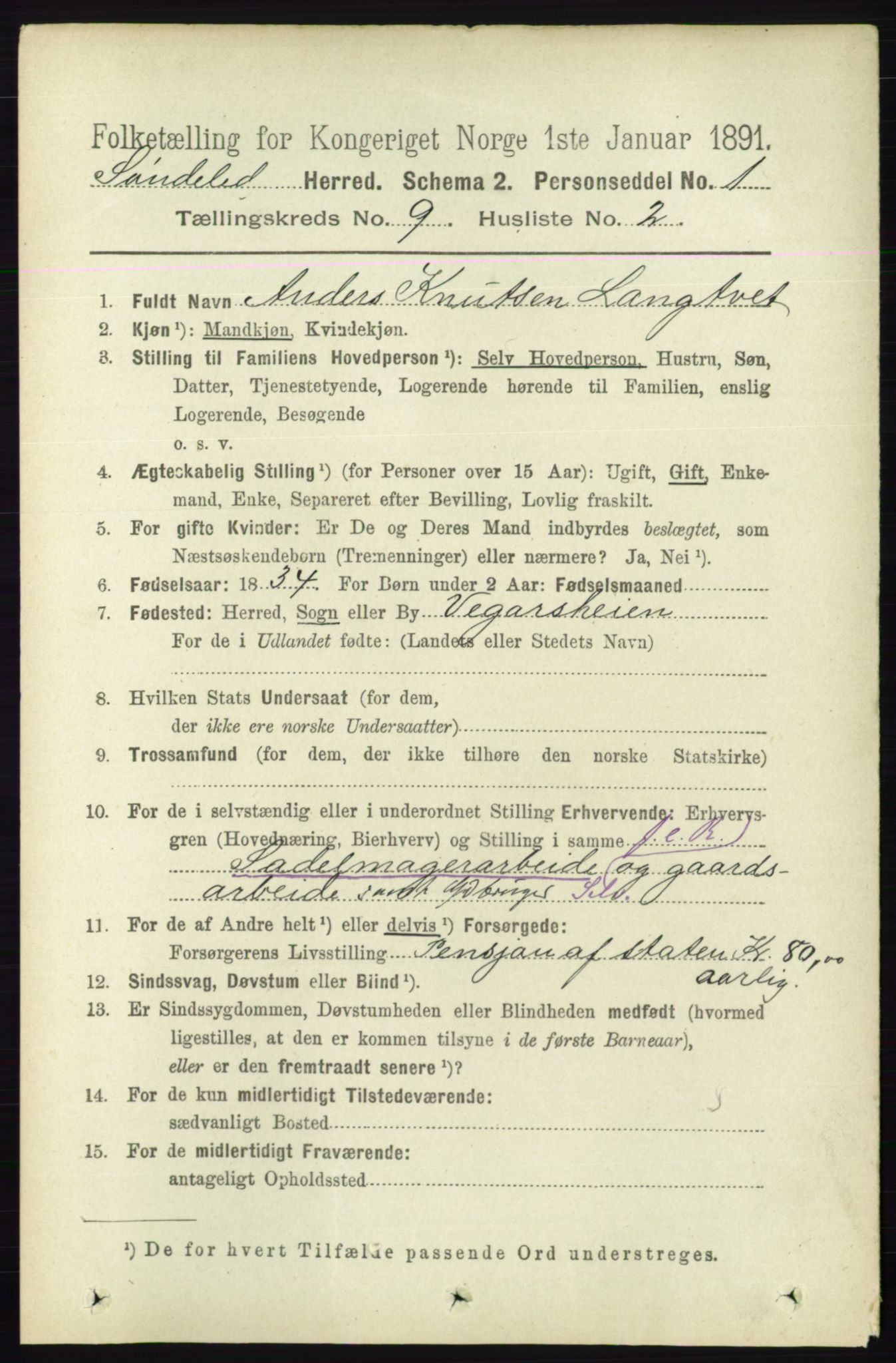 RA, 1891 census for 0913 Søndeled, 1891, p. 2870