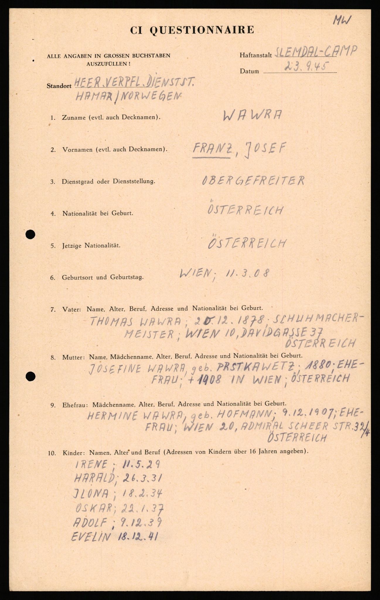 Forsvaret, Forsvarets overkommando II, AV/RA-RAFA-3915/D/Db/L0040: CI Questionaires. Tyske okkupasjonsstyrker i Norge. Østerrikere., 1945-1946, p. 379