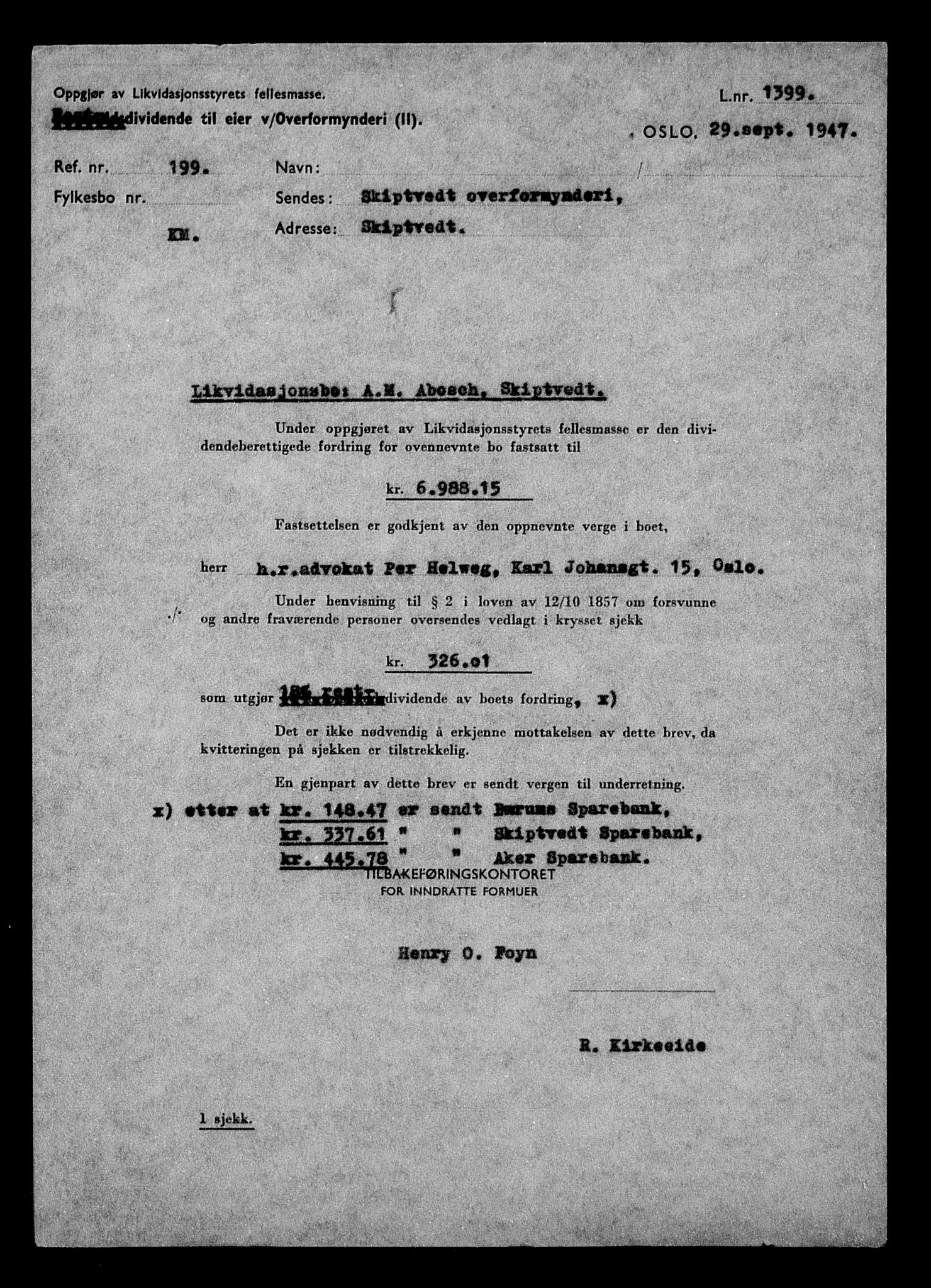 Justisdepartementet, Tilbakeføringskontoret for inndratte formuer, AV/RA-S-1564/H/Hc/Hcd/L0989: --, 1945-1947, p. 129