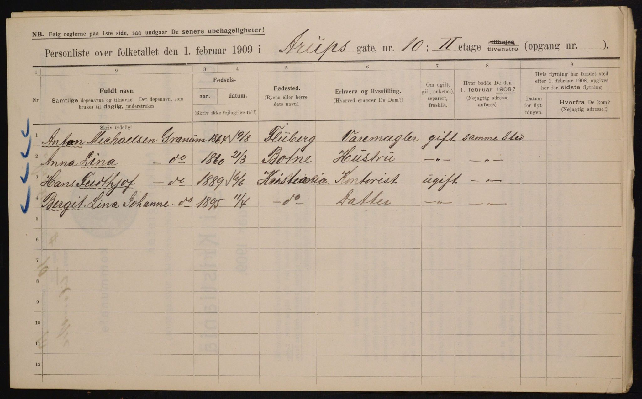 OBA, Municipal Census 1909 for Kristiania, 1909, p. 2099