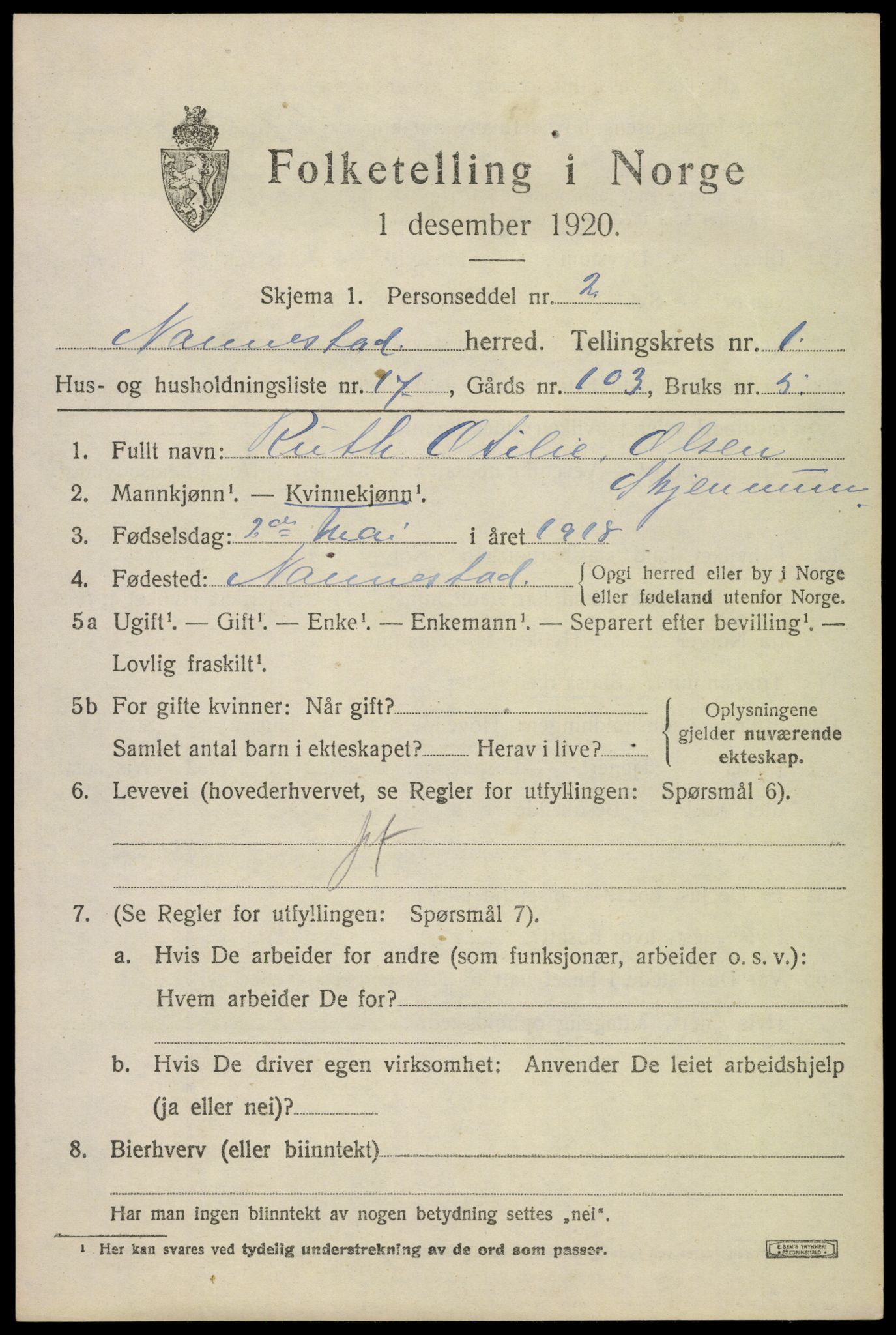 SAO, 1920 census for Nannestad, 1920, p. 1765