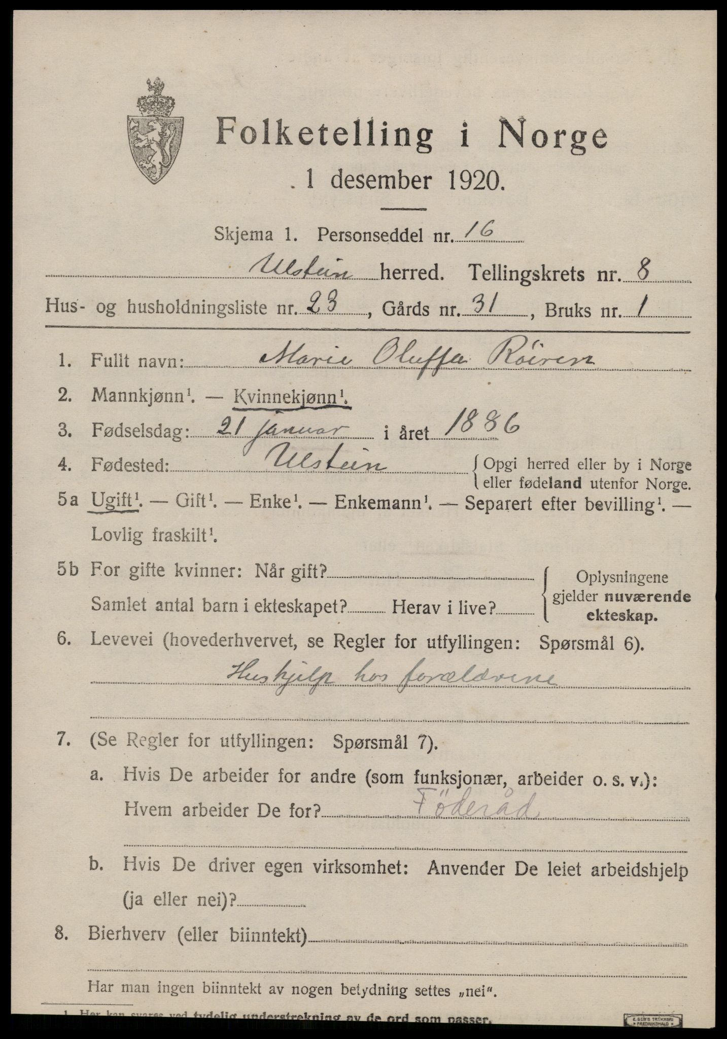 SAT, 1920 census for Ulstein, 1920, p. 4982