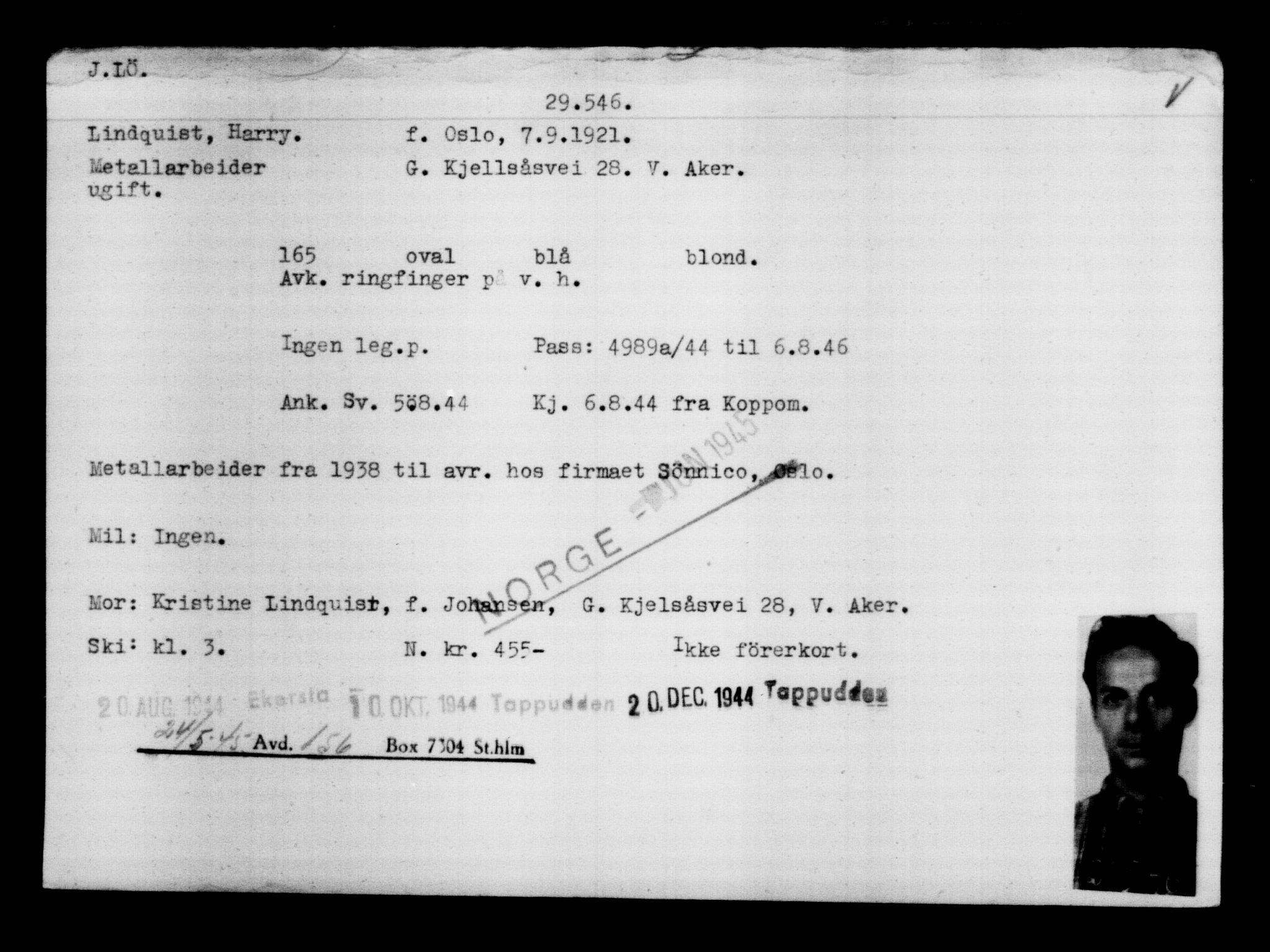 Utenriksstasjonene, Legasjonen i Stockholm, Flyktningkontoret, AV/RA-S-6753/V/Va/L0012: Kjesäterkartoteket, flyktninger med registreringsnr. 28300-31566, 1940-1945, p. 1368