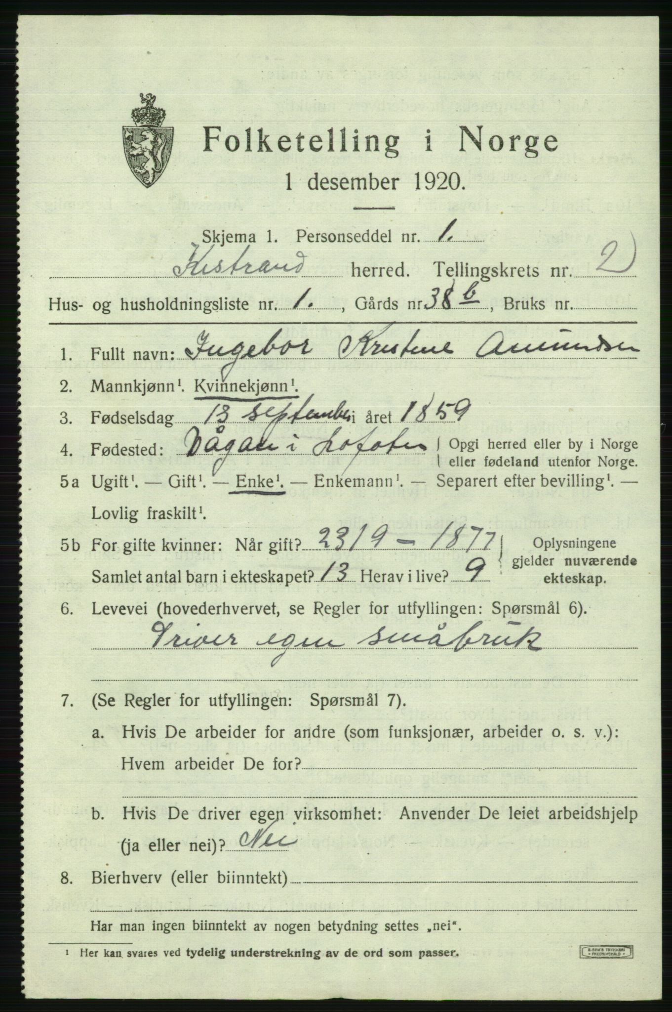 SATØ, 1920 census for Kistrand, 1920, p. 1490