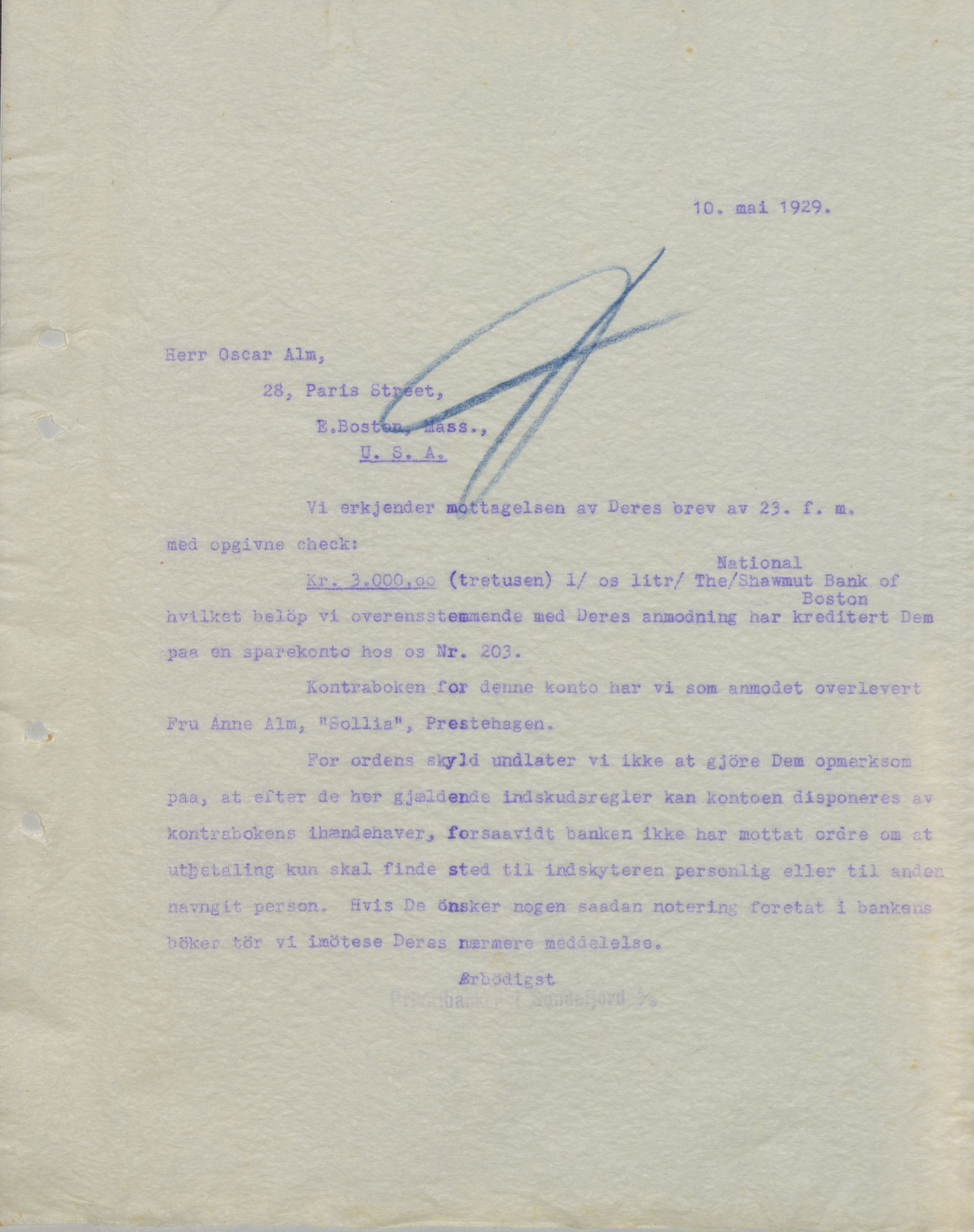 Privatbanken i Sandefjord AS, VEMU/ARS-A-1256/B/Ba/L0002: Kopibok, 1929