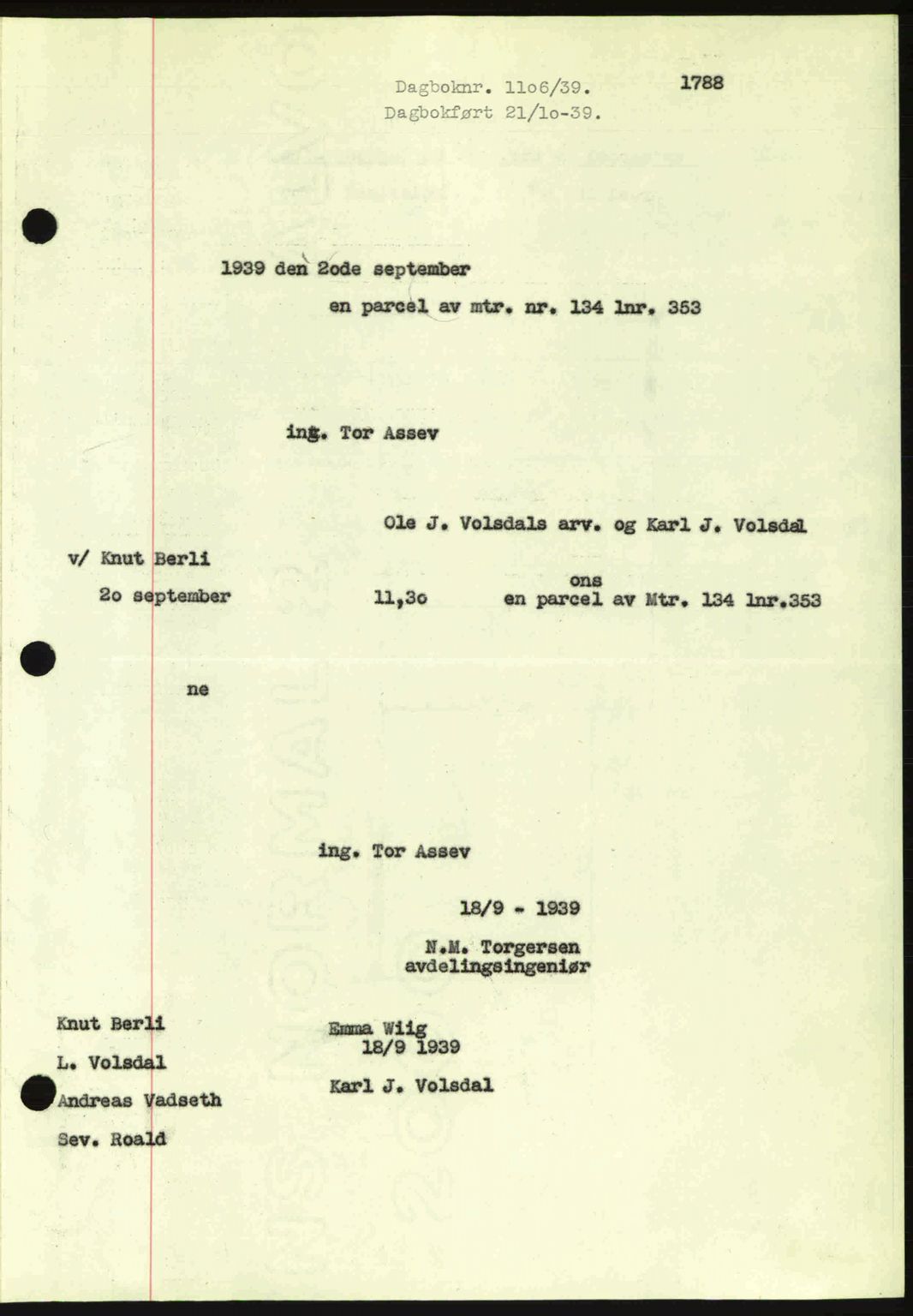 Ålesund byfogd, AV/SAT-A-4384: Mortgage book no. 34 II, 1938-1940, Diary no: : 1106/1939