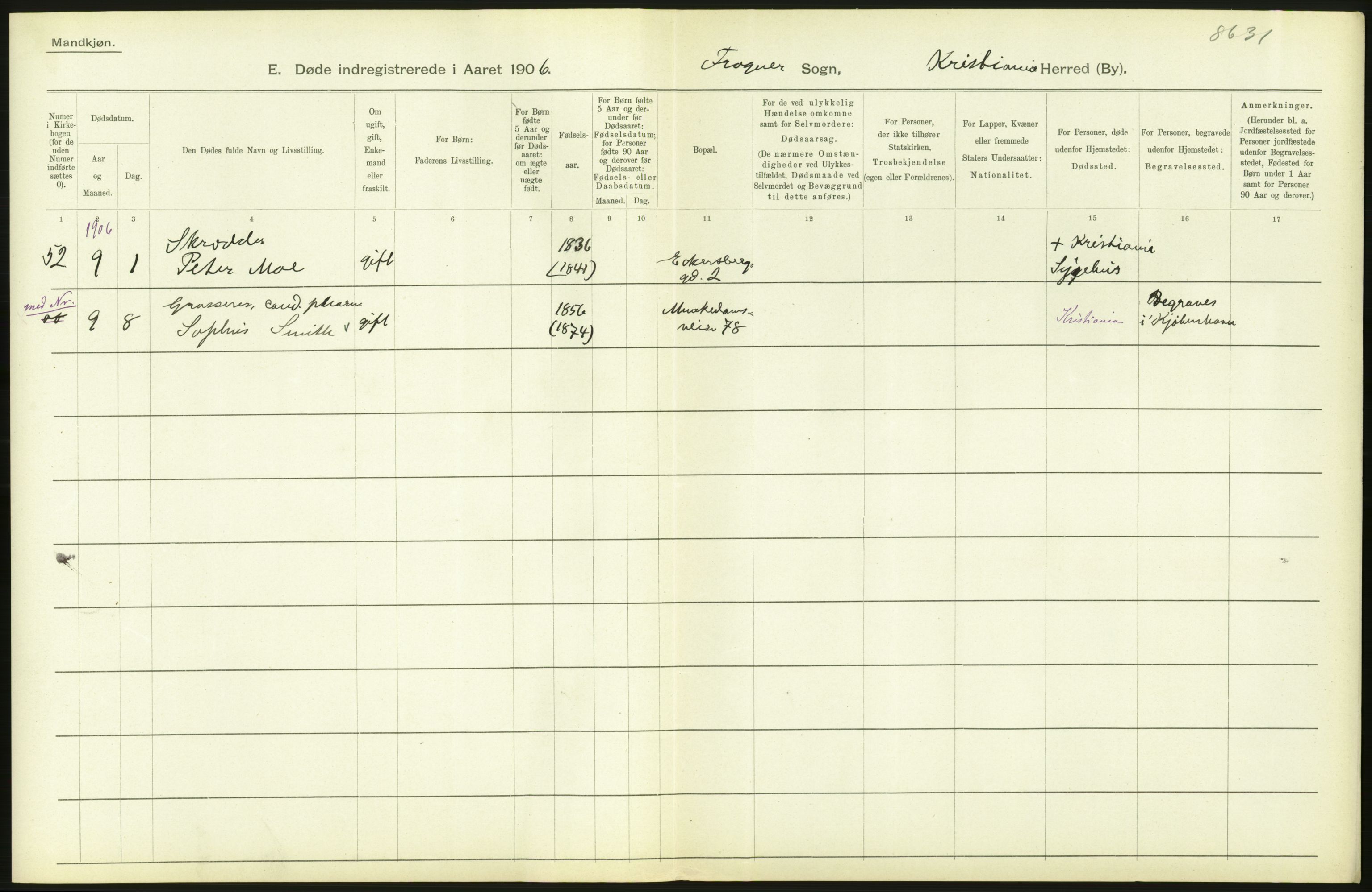 Statistisk sentralbyrå, Sosiodemografiske emner, Befolkning, AV/RA-S-2228/D/Df/Dfa/Dfad/L0009: Kristiania: Døde, 1906, p. 464