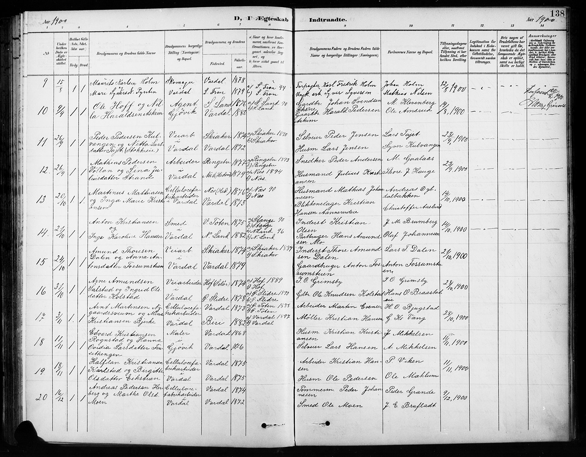 Vardal prestekontor, AV/SAH-PREST-100/H/Ha/Hab/L0010: Parish register (copy) no. 10, 1895-1903, p. 138