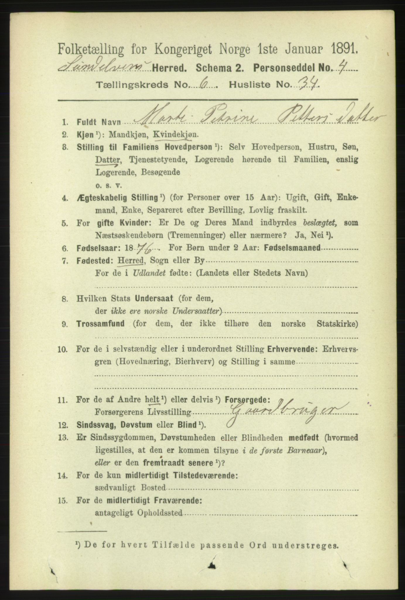 RA, 1891 census for 1523 Sunnylven, 1891, p. 1696