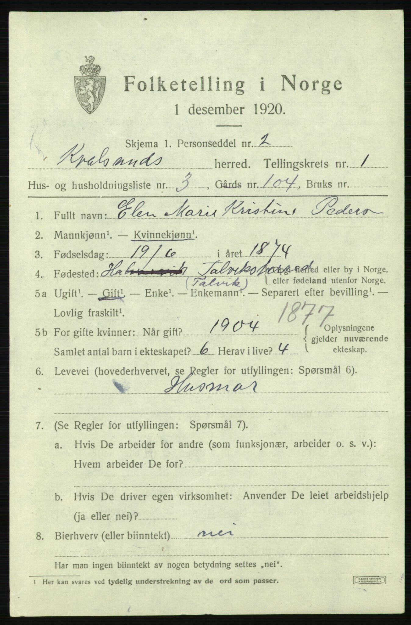SATØ, 1920 census for , 1920, p. 490