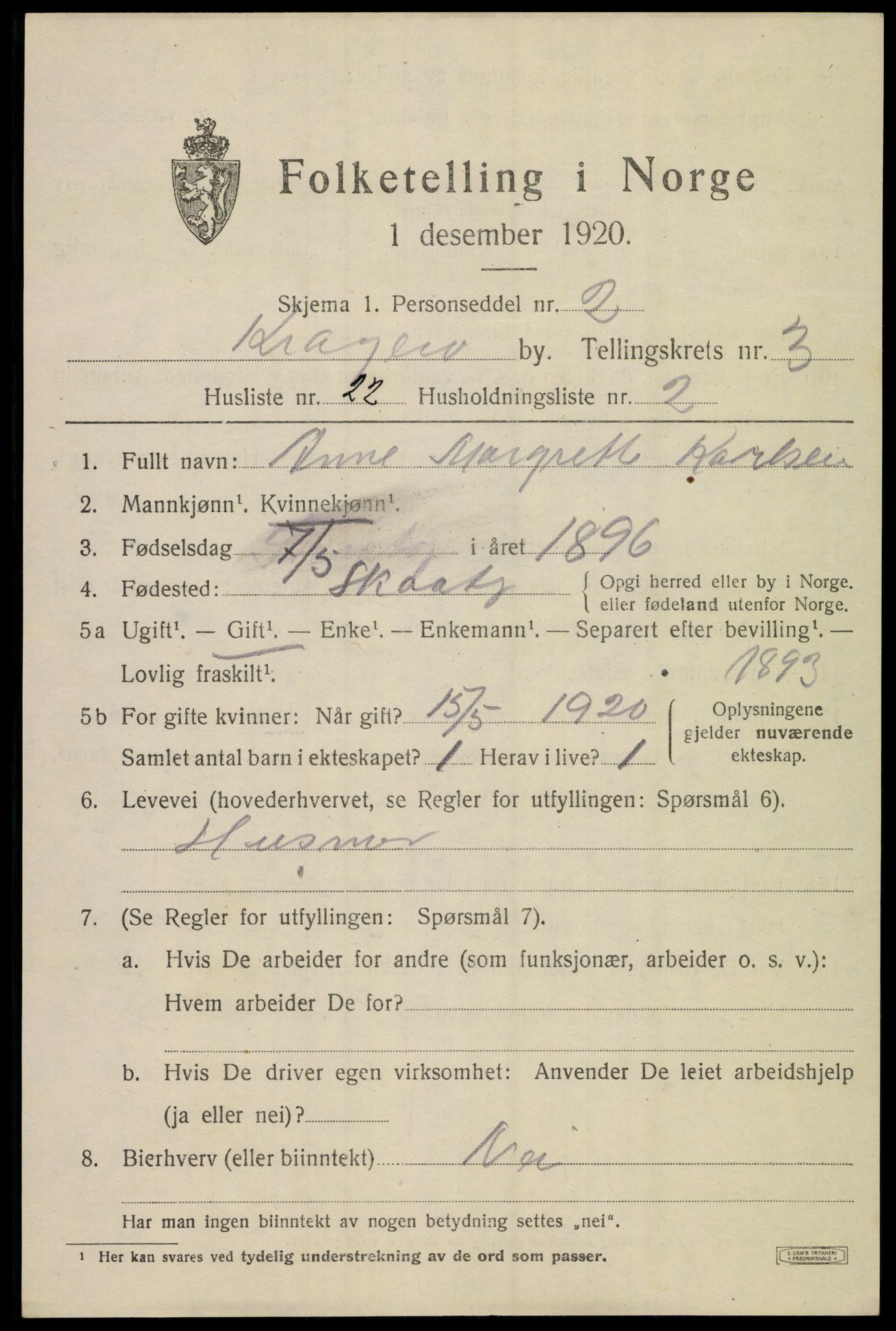 SAKO, 1920 census for Kragerø, 1920, p. 7311