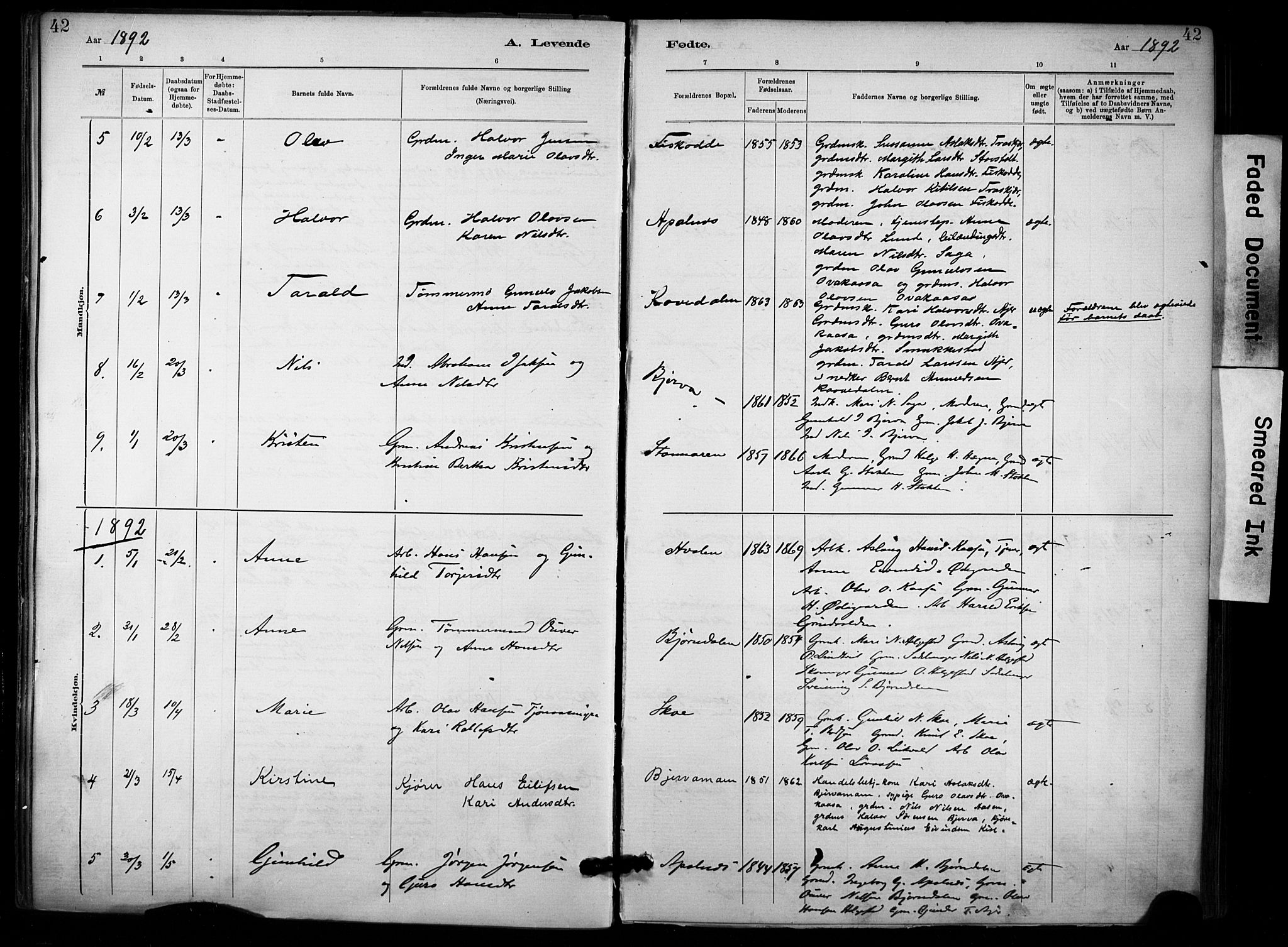 Lunde kirkebøker, AV/SAKO-A-282/F/Fa/L0002: Parish register (official) no. I 2, 1884-1892, p. 42