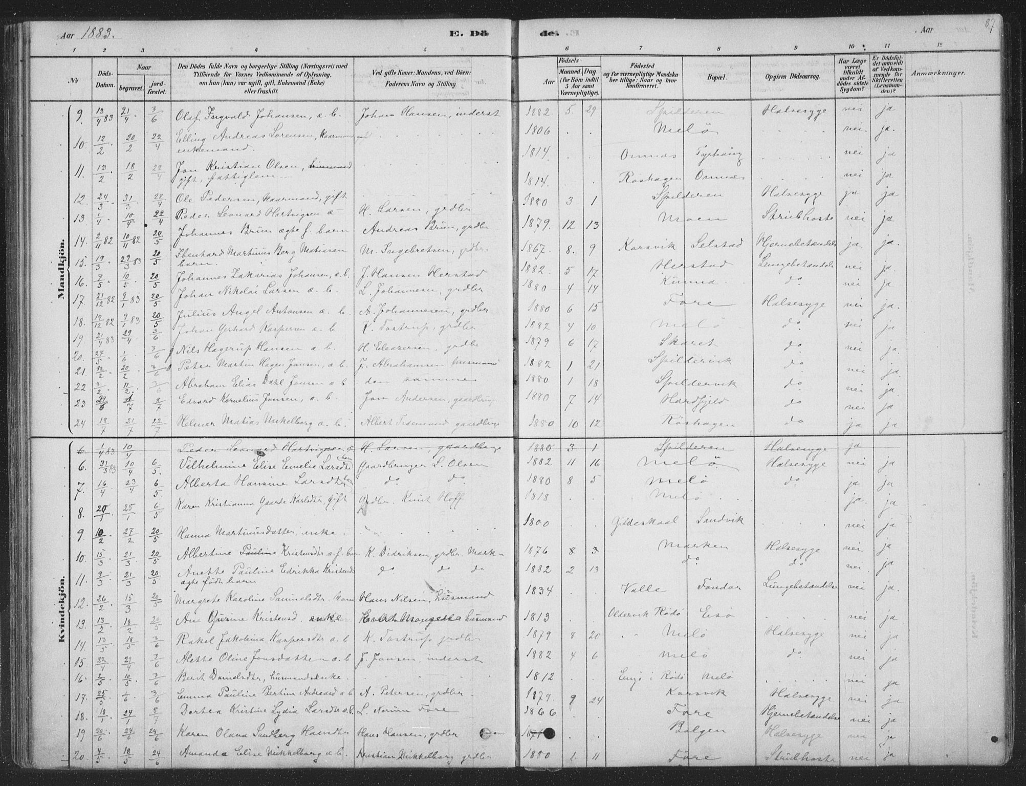 Ministerialprotokoller, klokkerbøker og fødselsregistre - Nordland, AV/SAT-A-1459/843/L0627: Parish register (official) no. 843A02, 1878-1908, p. 87