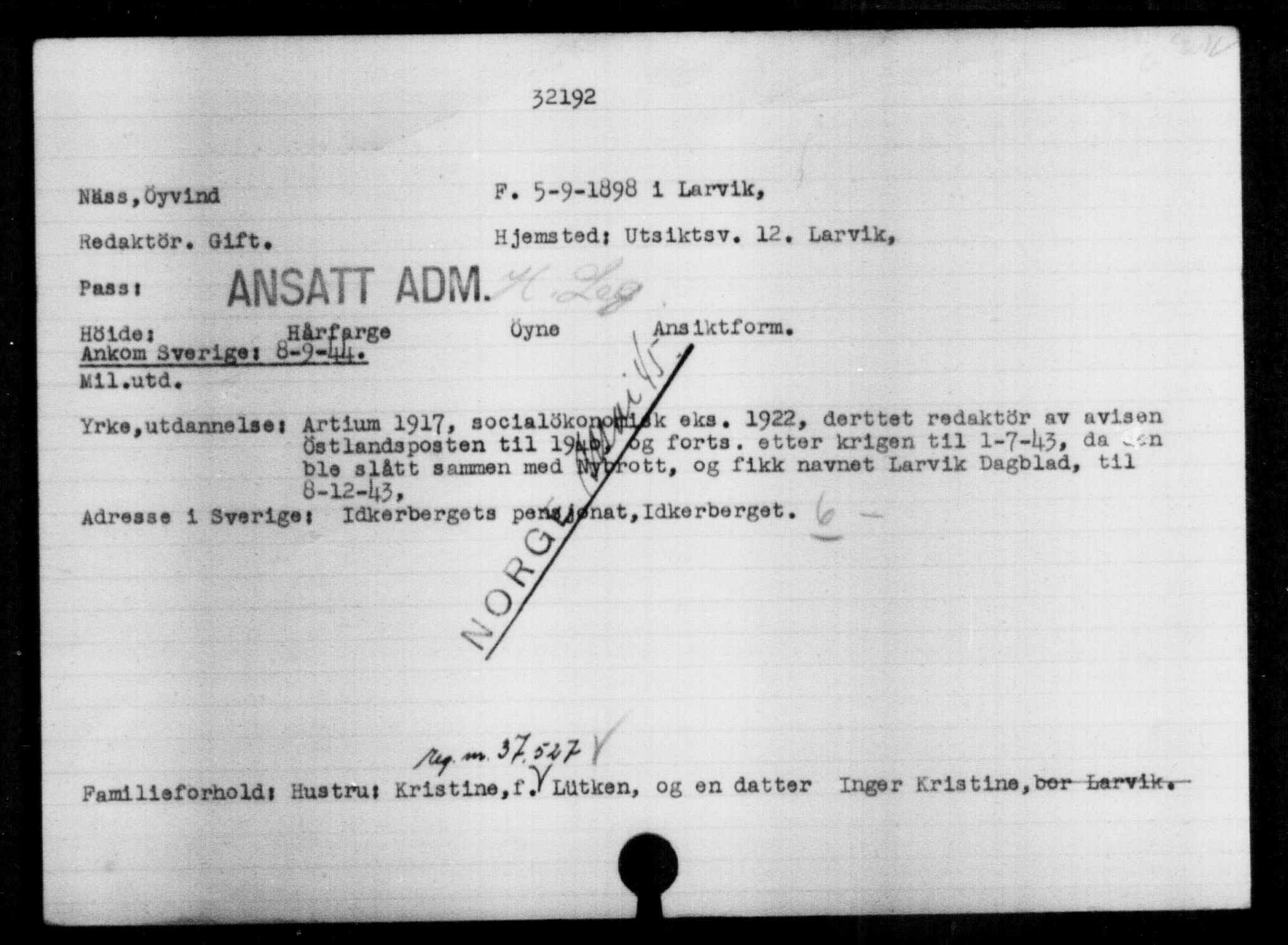 Utenriksstasjonene, Legasjonen i Stockholm, Flyktningkontoret, AV/RA-S-6753/V/Va/L0013: Kjesäterkartoteket, flyktninger med registreringsnr. 31500-34731, 1940-1945, p. 736