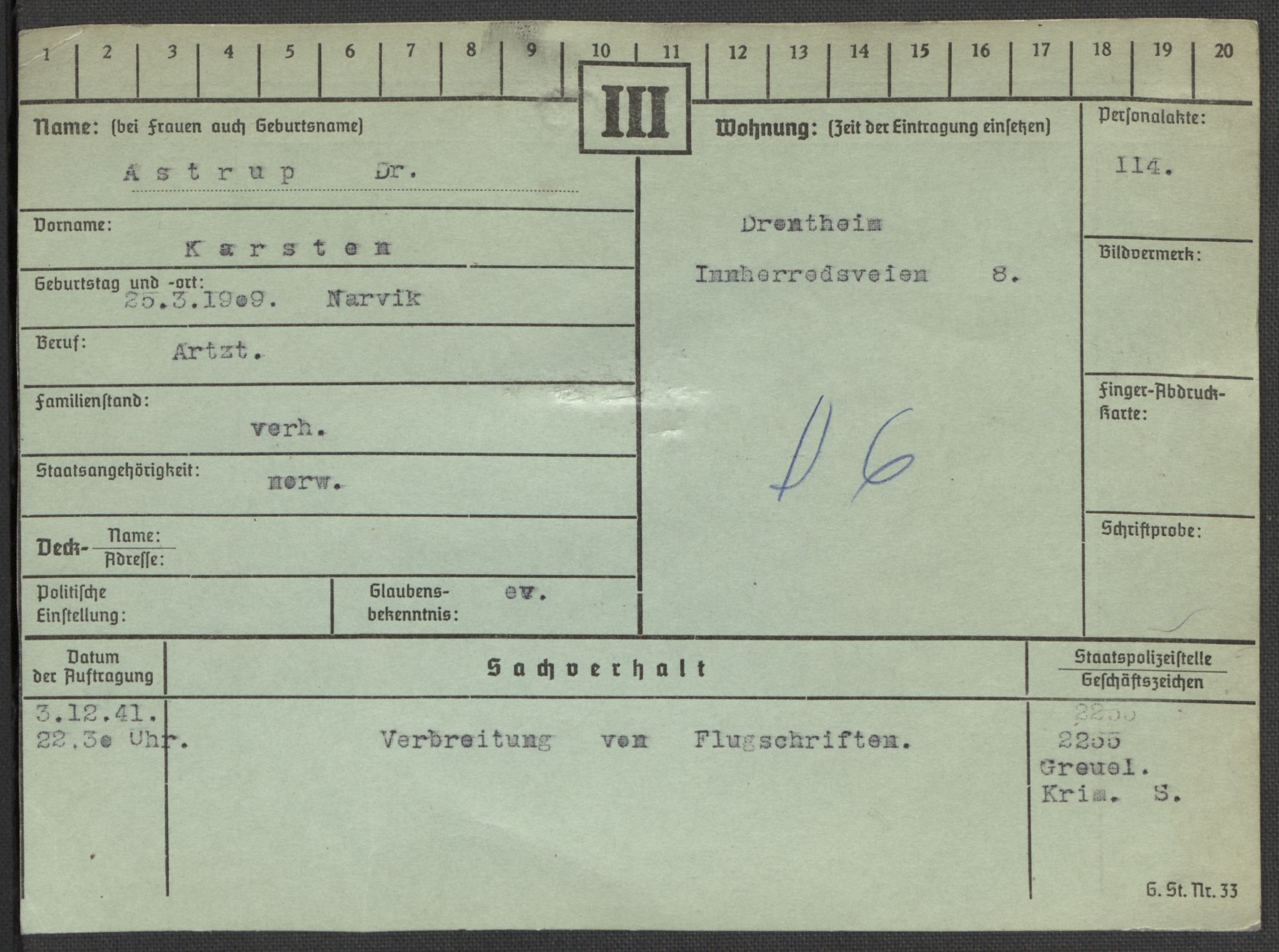 Befehlshaber der Sicherheitspolizei und des SD, AV/RA-RAFA-5969/E/Ea/Eaa/L0001: Register over norske fanger i Møllergata 19: A-Bj, 1940-1945, p. 674