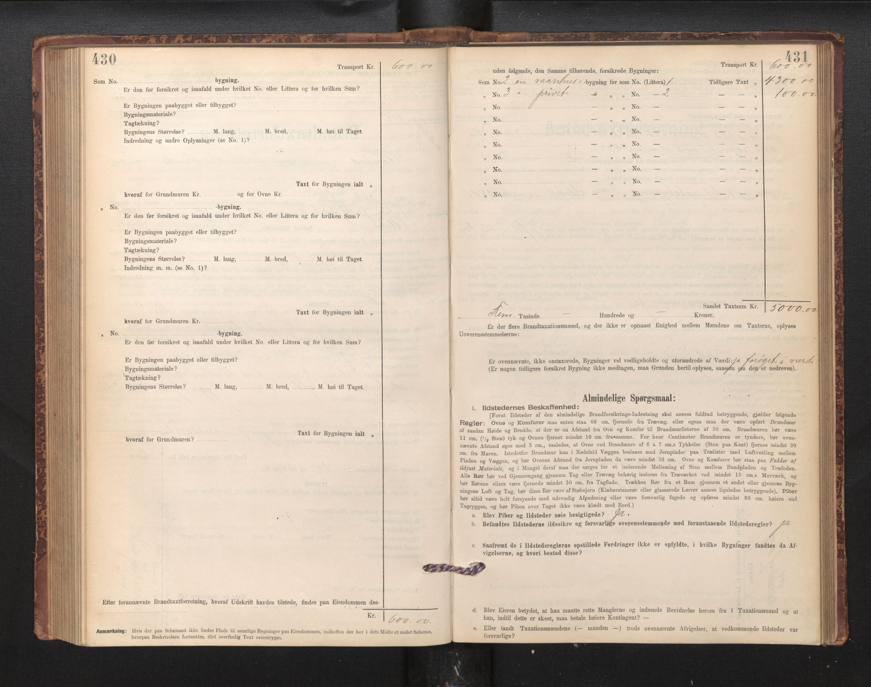 Lensmannen i Årstad, AV/SAB-A-36201/0012/L0011: Branntakstprotokoll,skjematakst, 1895-1901, p. 430-431