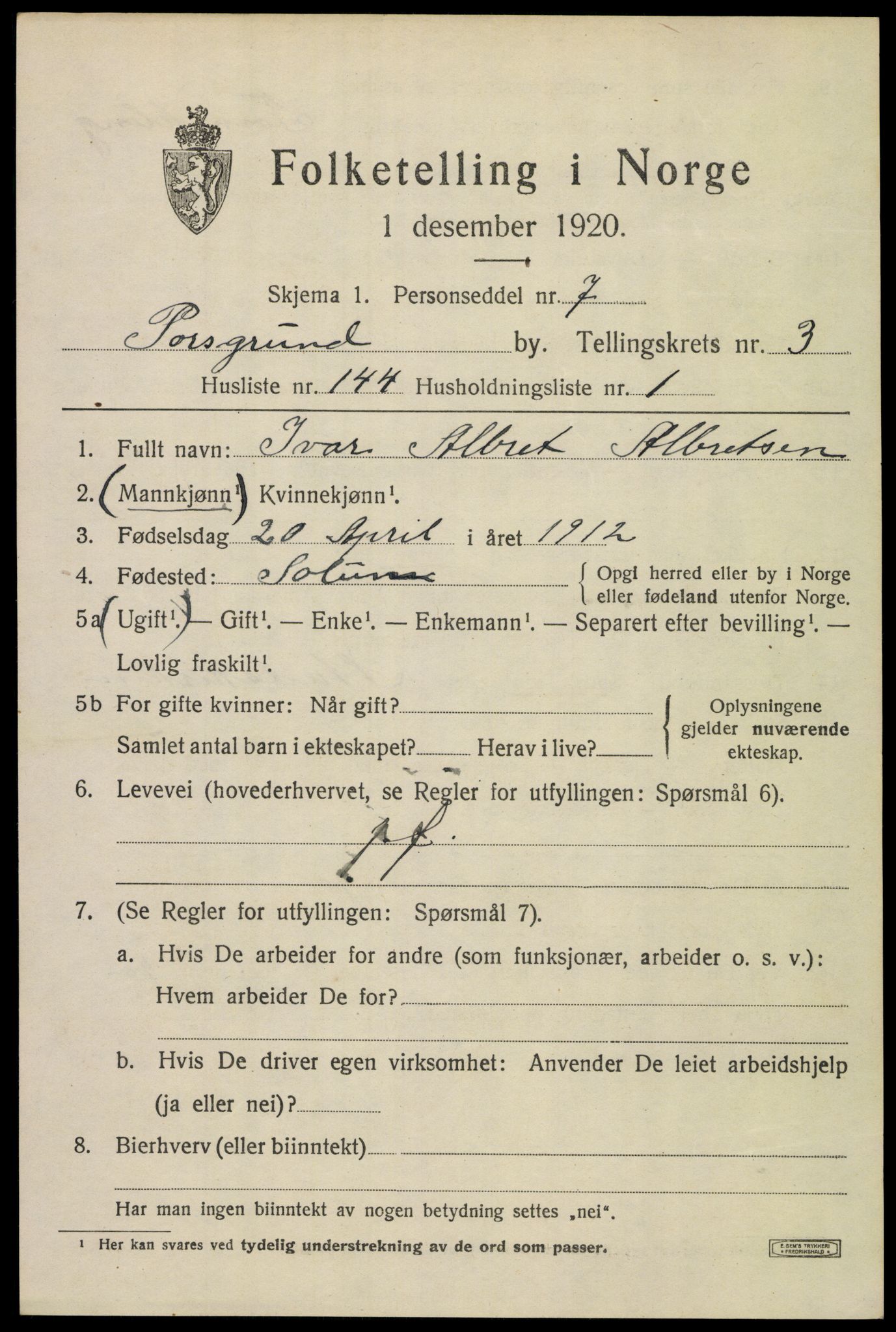 SAKO, 1920 census for Porsgrunn, 1920, p. 16185