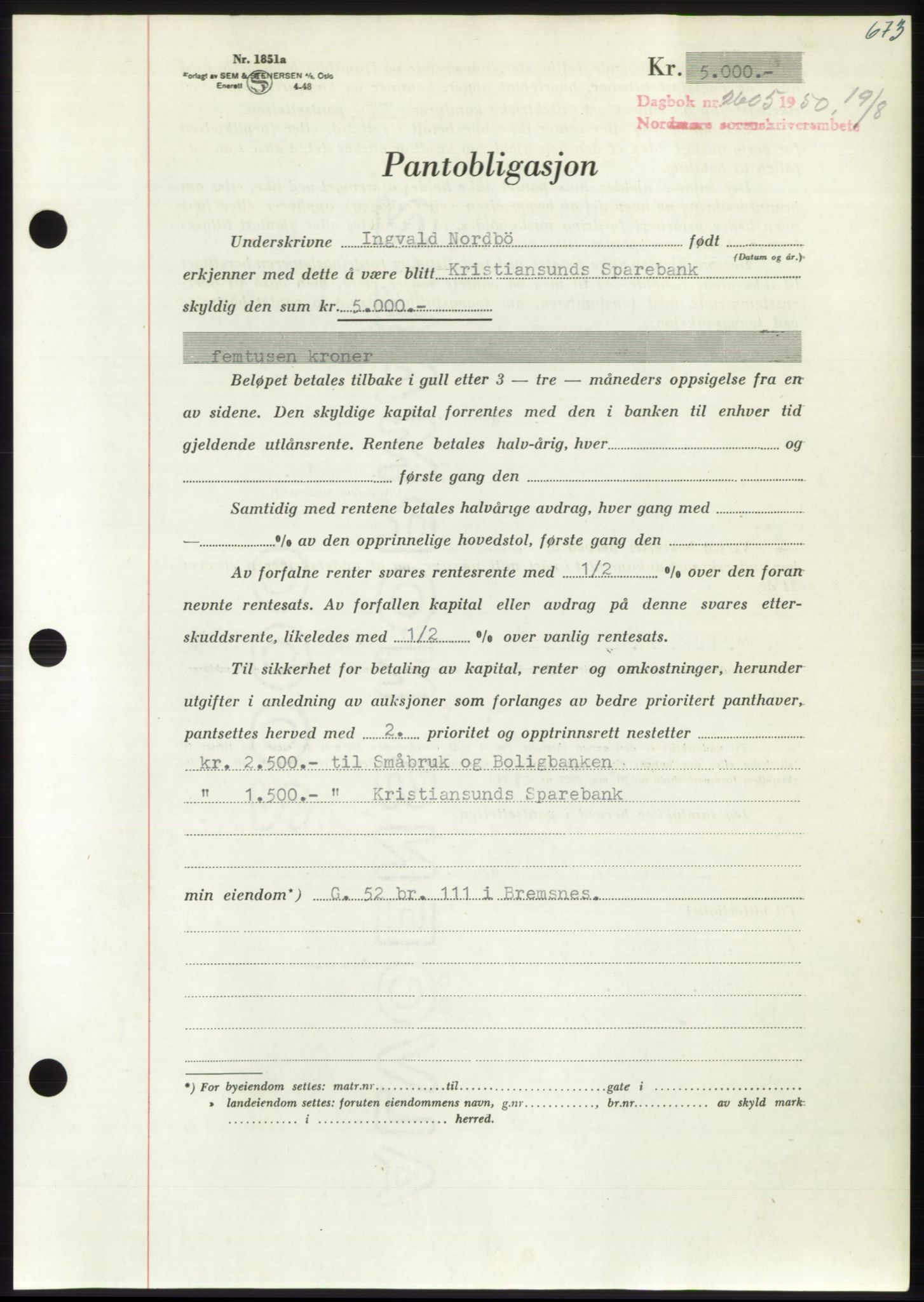 Nordmøre sorenskriveri, AV/SAT-A-4132/1/2/2Ca: Mortgage book no. B105, 1950-1950, Diary no: : 2605/1950