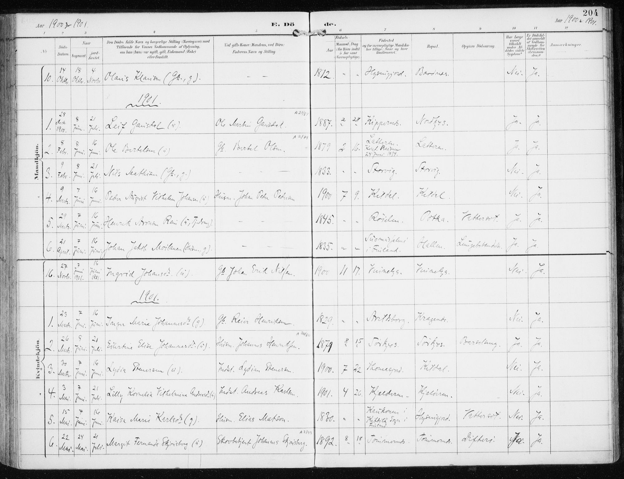 Skjervøy sokneprestkontor, AV/SATØ-S-1300/H/Ha/Haa/L0017kirke: Parish register (official) no. 17, 1895-1911, p. 204