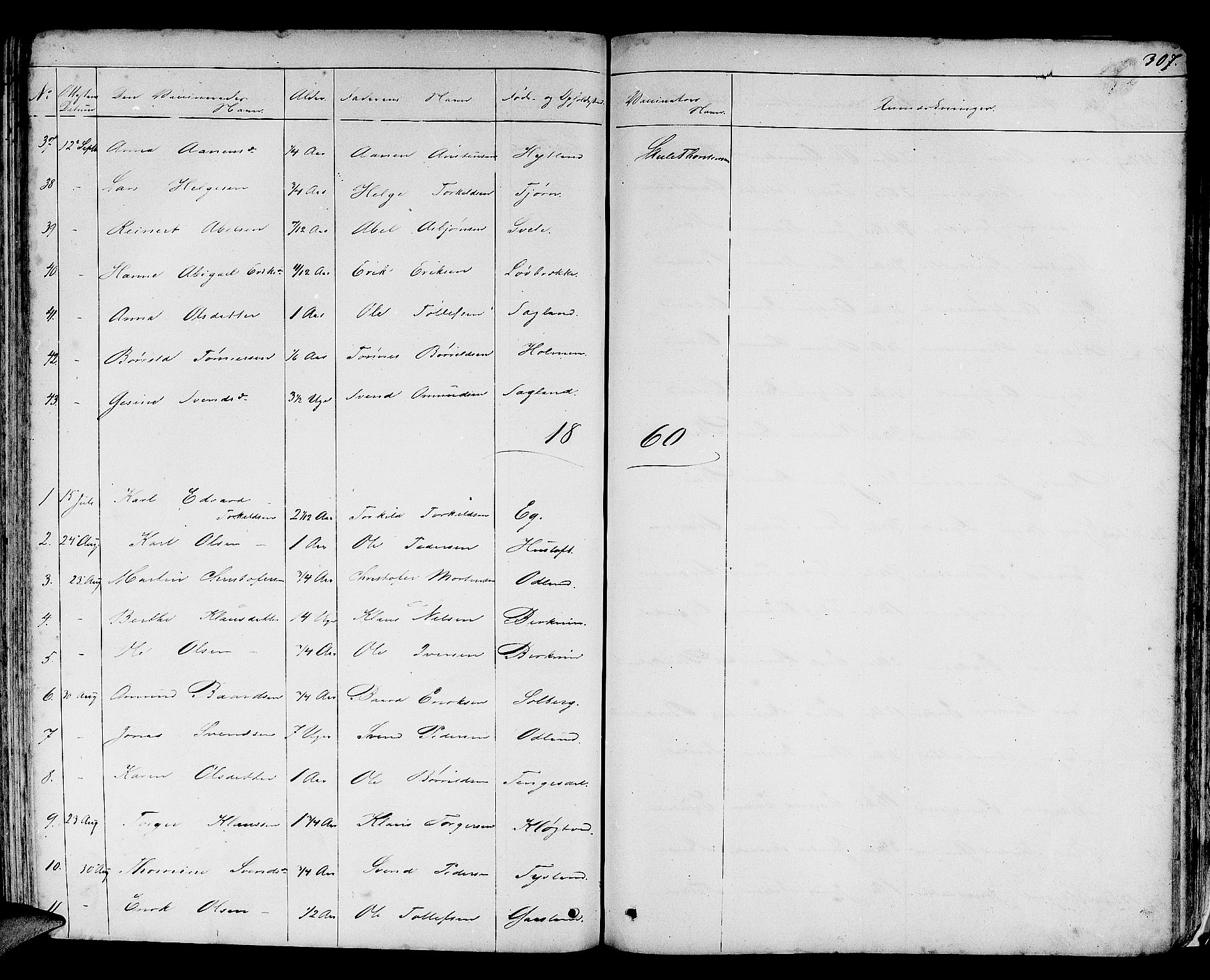 Helleland sokneprestkontor, SAST/A-101810: Parish register (copy) no. B 3, 1847-1886, p. 307