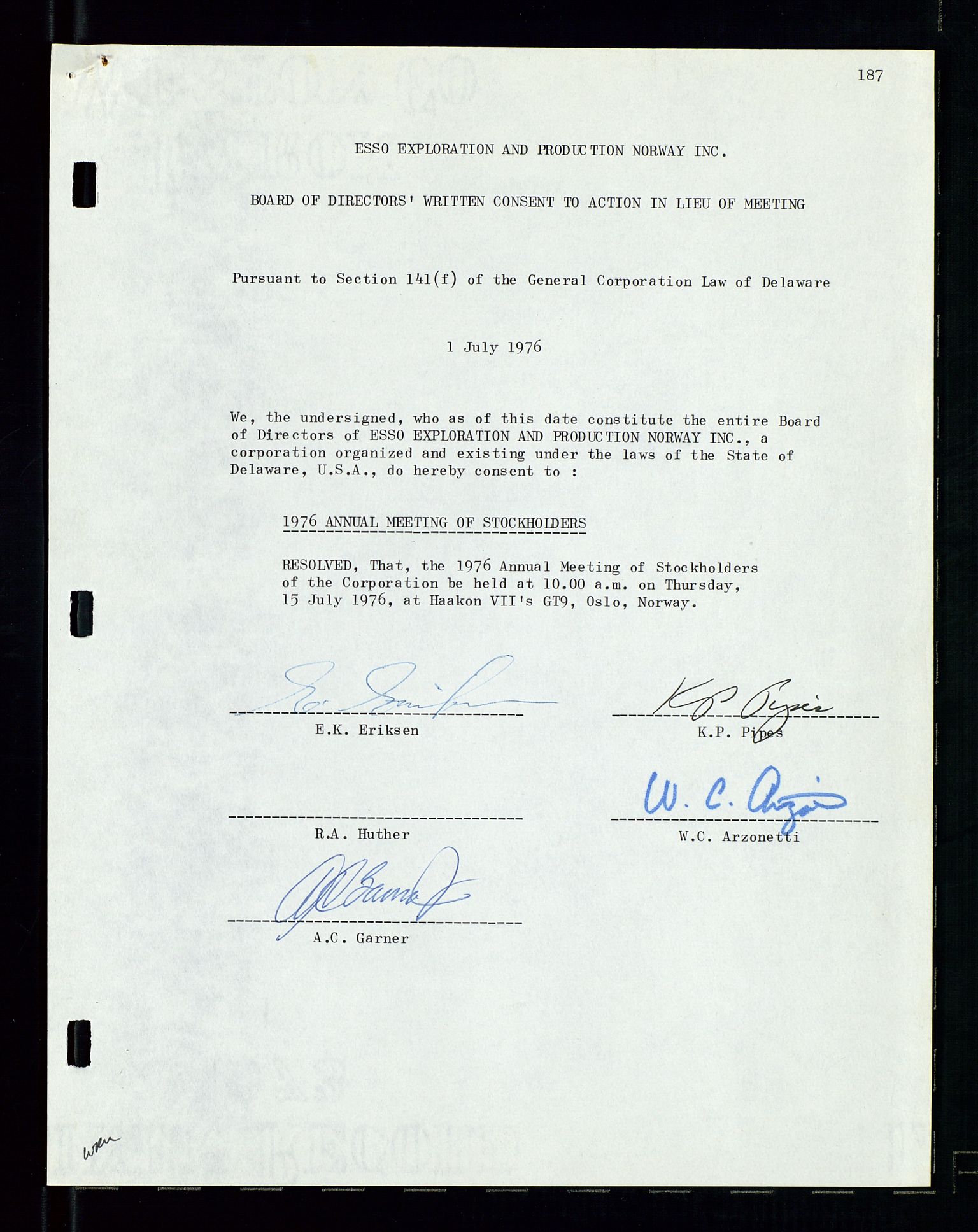 Pa 1512 - Esso Exploration and Production Norway Inc., SAST/A-101917/A/Aa/L0001/0002: Styredokumenter / Corporate records, Board meeting minutes, Agreements, Stocholder meetings, 1975-1979, p. 29
