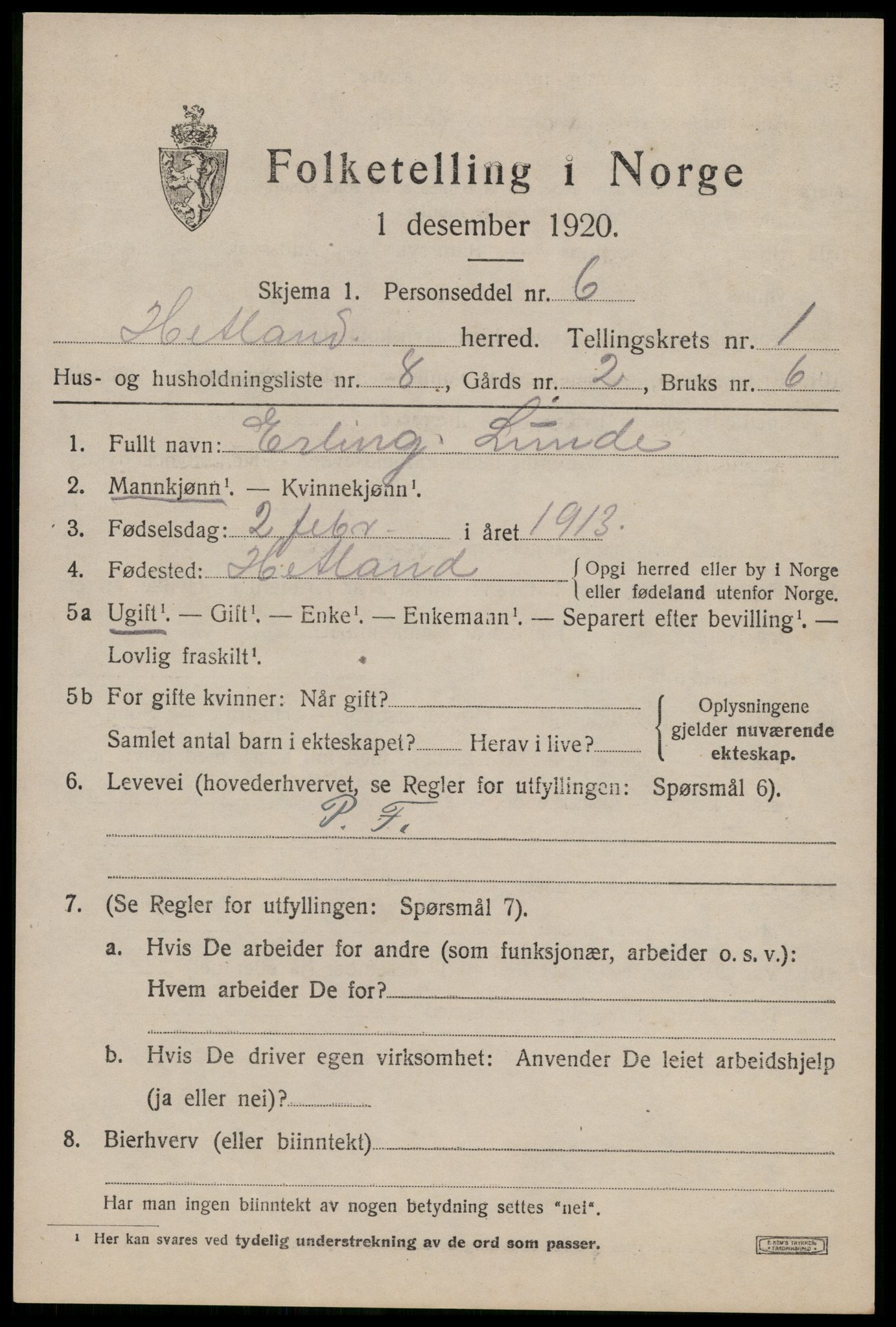 SAST, 1920 census for Hetland, 1920, p. 3647