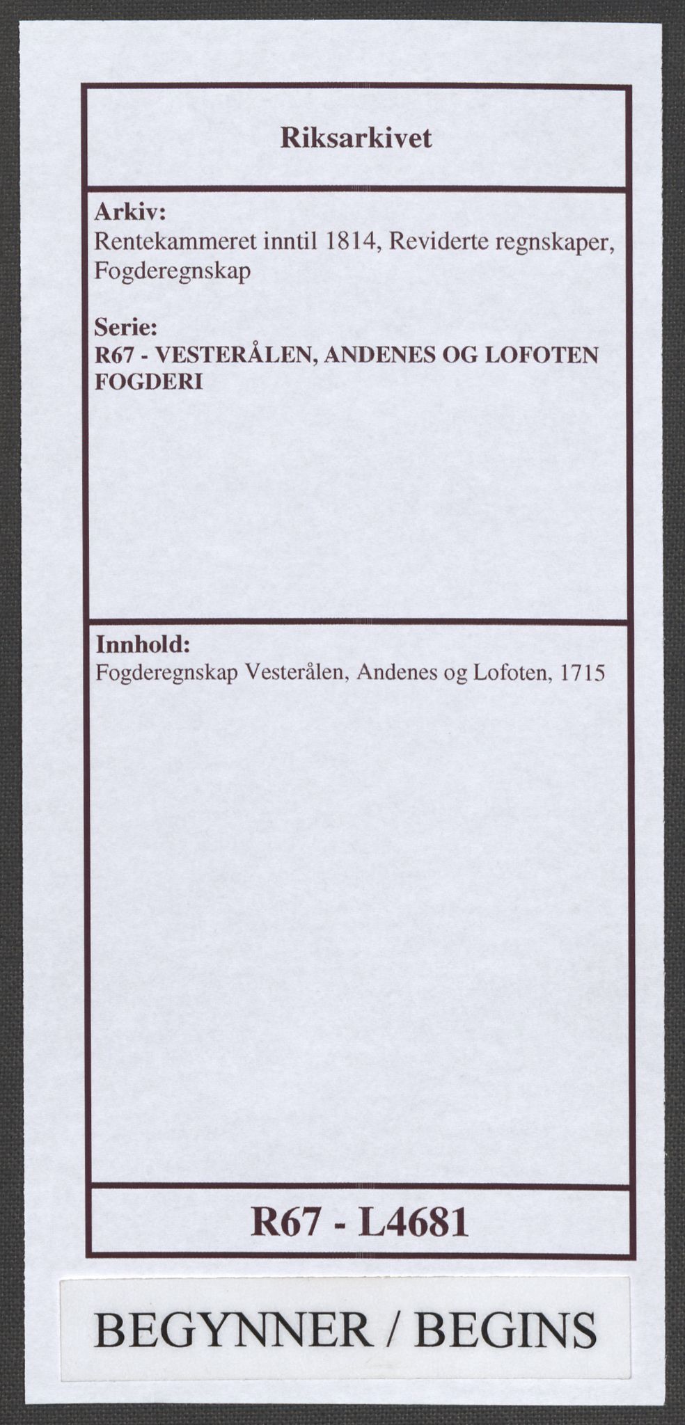 Rentekammeret inntil 1814, Reviderte regnskaper, Fogderegnskap, RA/EA-4092/R67/L4681: Fogderegnskap Vesterålen, Andenes og Lofoten, 1715, p. 1