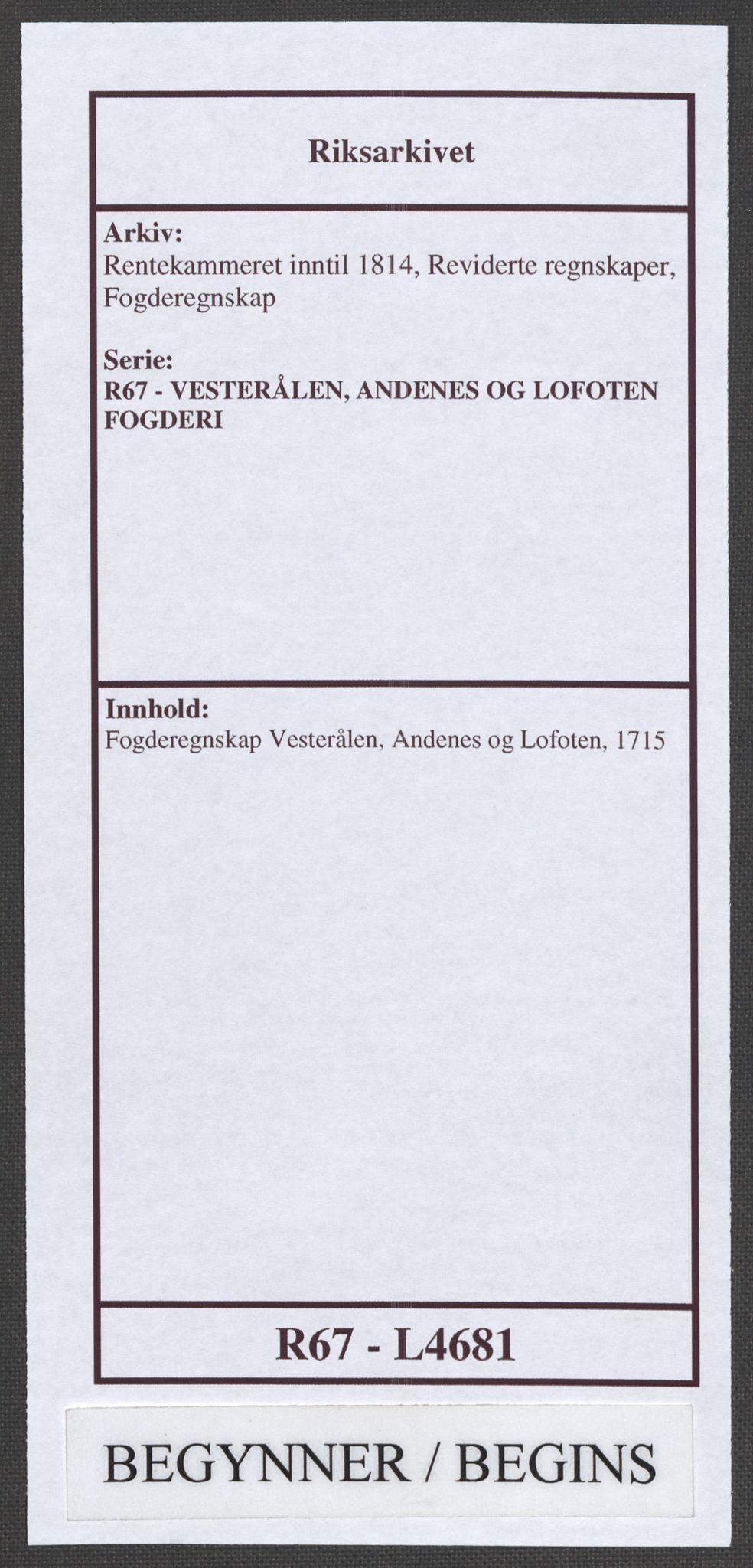 Rentekammeret inntil 1814, Reviderte regnskaper, Fogderegnskap, AV/RA-EA-4092/R67/L4681: Fogderegnskap Vesterålen, Andenes og Lofoten, 1715, p. 1